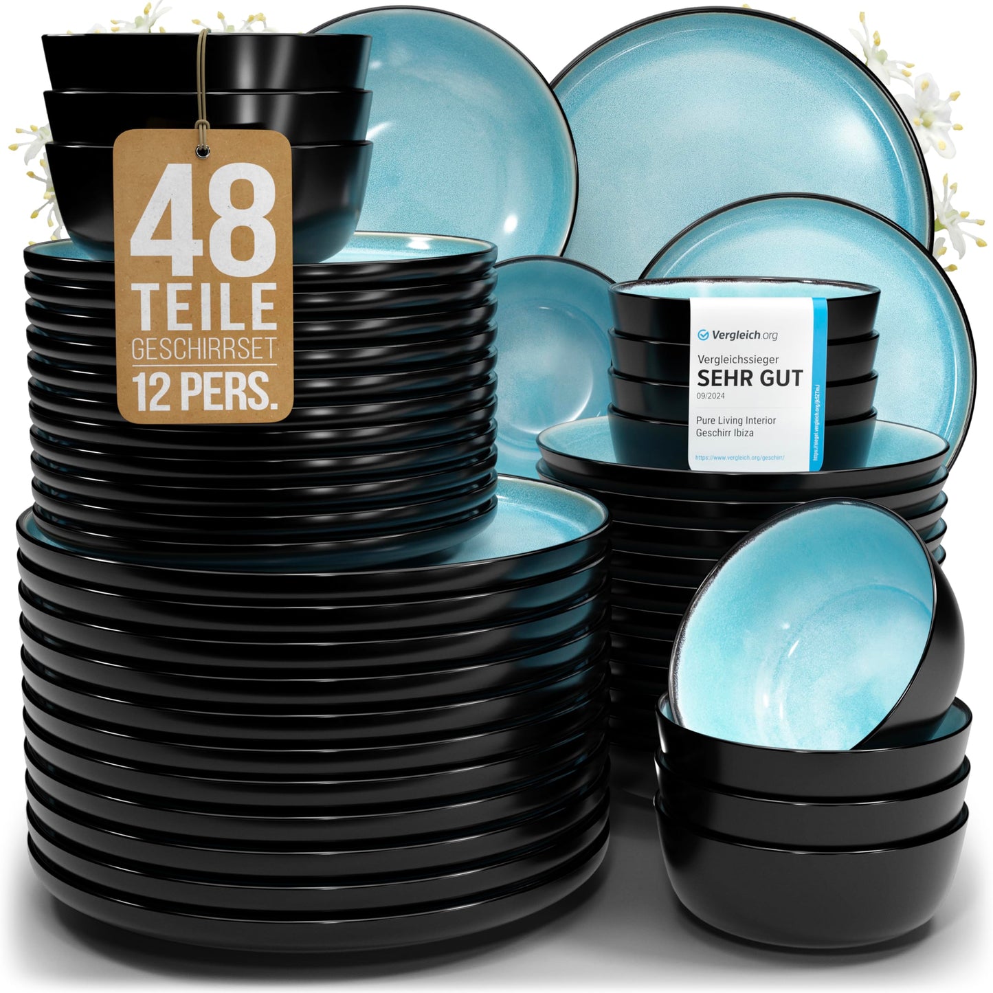 Ibiza Stoneware Crockery Set for 12 People, 48 Pieces, Test Winner, Dreamlike Mediterranean Stoneware Crockery Set, Bowl and Plate Set, Dinner Service for 12 People, Pure Living Crockery Sets in Deep