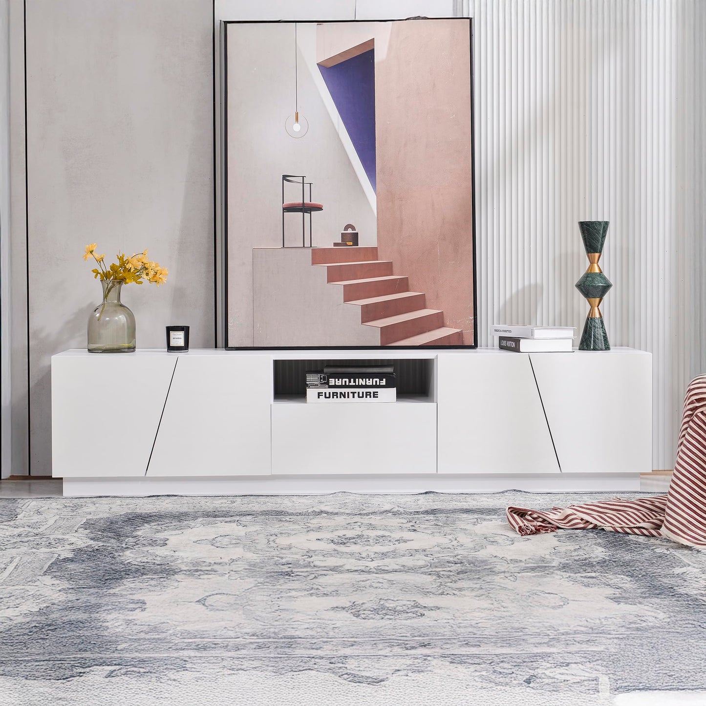 170 cm TV Cabinet with Textured Doors, TV Board with 4 Drawers, TV Cabinet with Oven Compartments, TV Cabinet for Living Room, TV Lowboard, Golden Handles and Feet, White