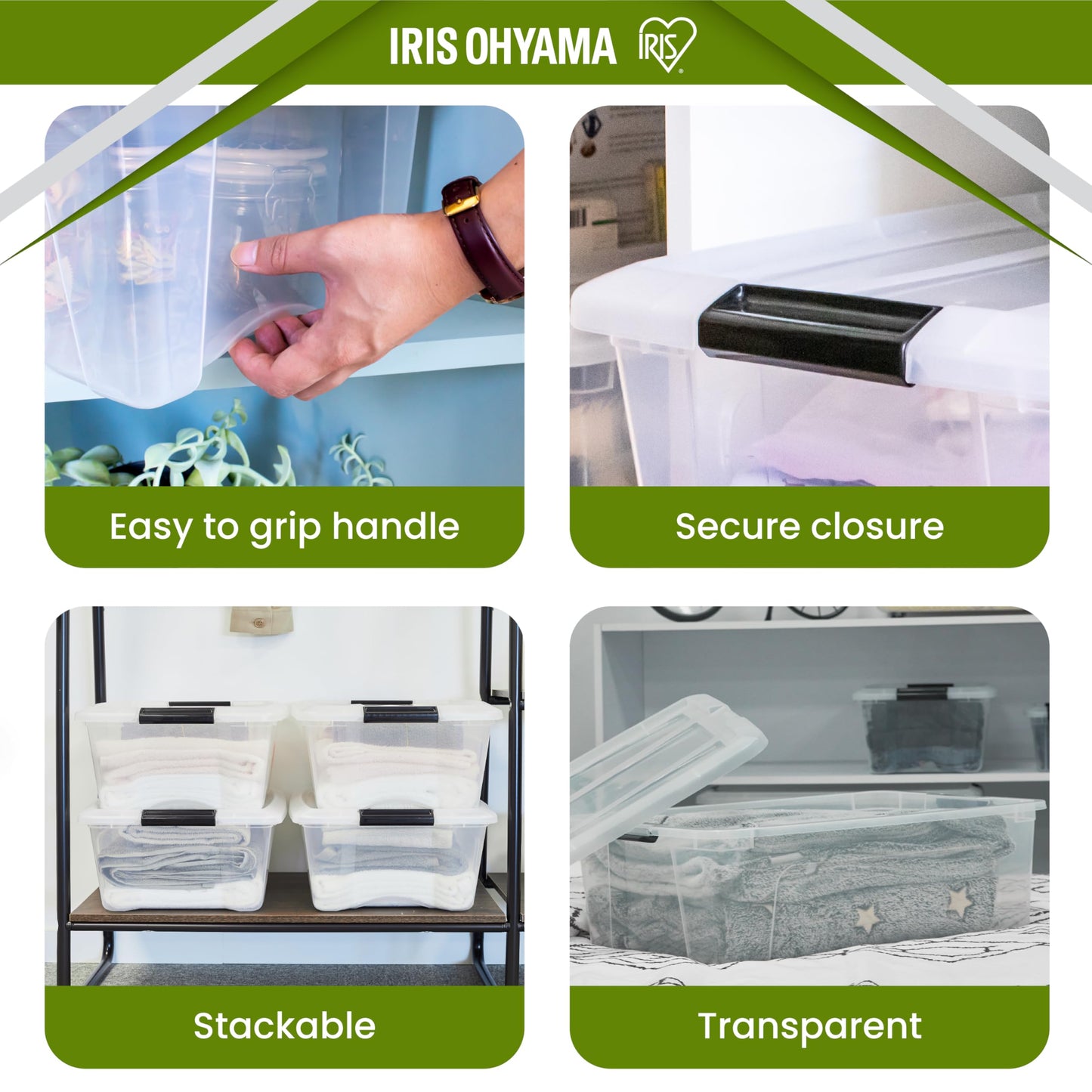 Iris Ohyama Storage Boxes with Lids, 55L, Set of 4, Transparent, Secure Closure, Stackable, Handles, Bedroom, Closet, Office, Organisation, BPA-Free Plastic, Organiser Boxes, BSB-55