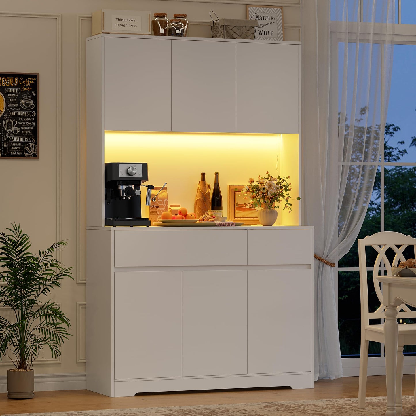 FirFurd 180 cm Kitchen Cabinet with Worktop and LED, Buffet Cabinet, Tall Cabinet with Power Strip and Adjustable Shelves, Sideboard for Kitchen, Living Room, Dining Room, 100 x 38.5 x 180 cm, White