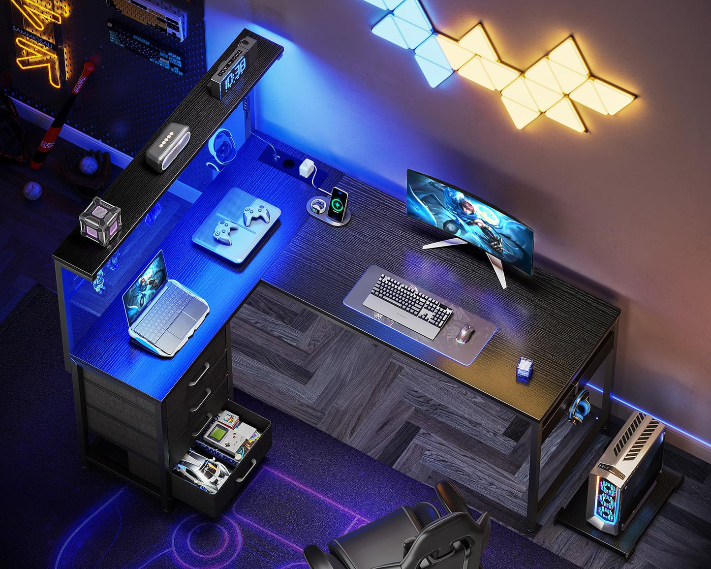 Coleshome Gaming Table with LED, 110 × 80 cm, Reversible Gaming Desk with Drawers & Sockets, Corner Desk with Storage Compartment & Storage Space, Black