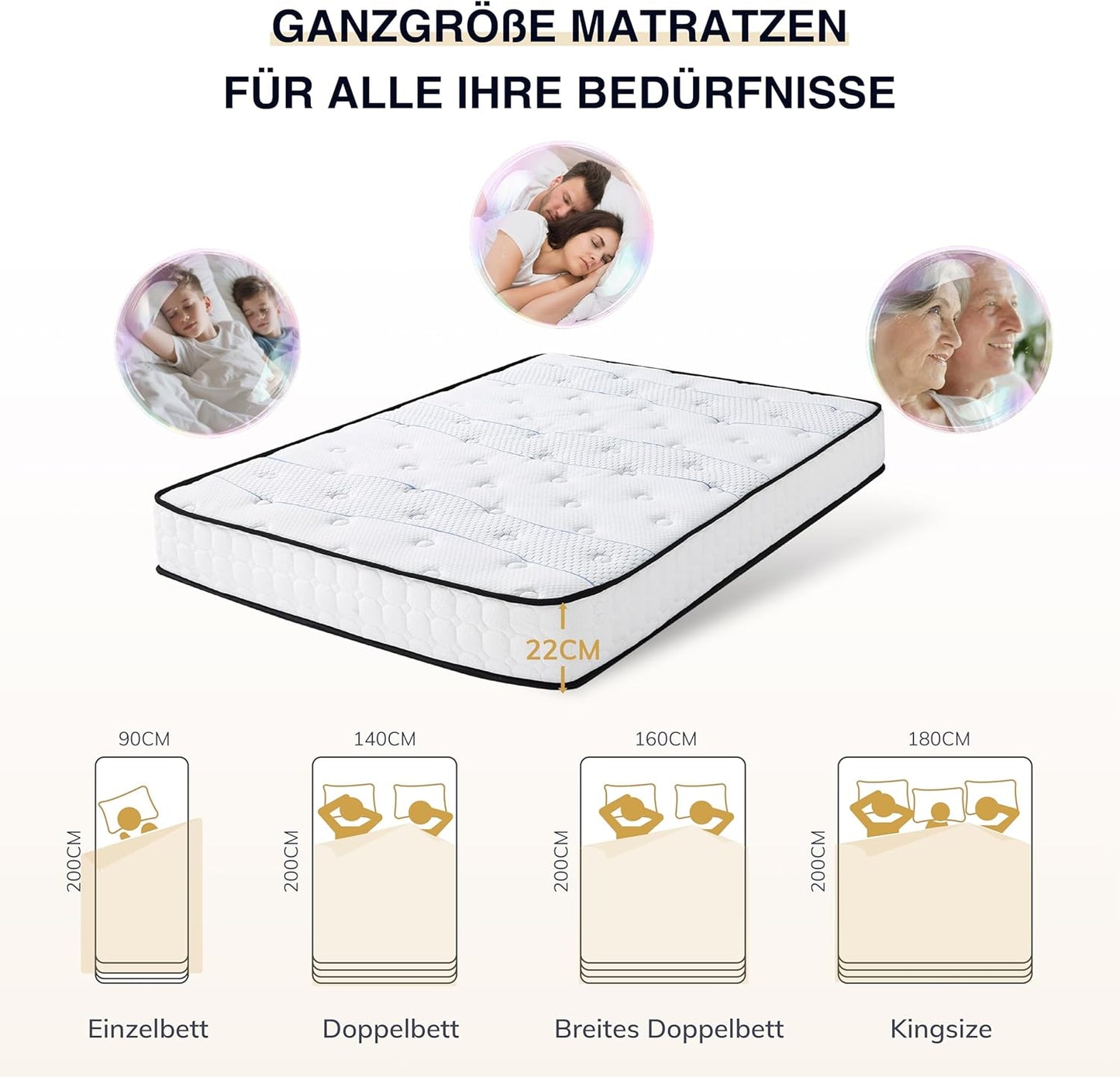 EGO HOME Pocket Spring Mattress 180 x 200 cm Height 22 cm Ergonomic 7-Zone Spring Mattress with Comfort Foam and Microfibre Cover Hardness H3 Mattress 180 x 200 cm Oeko-Tex Certified