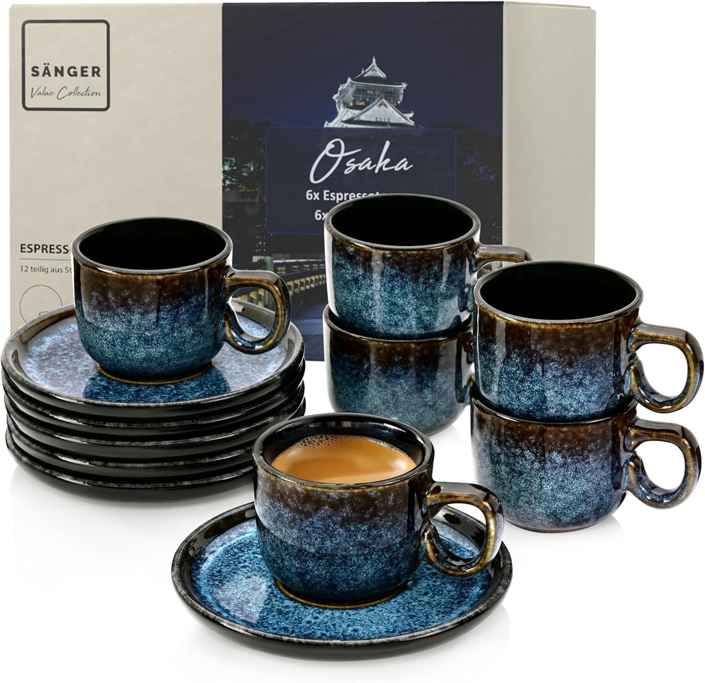 SÄNGER Manila Dinner Service for 6 People, Plate Set, Coffee Mug, Pasta Bowl, 30 Pieces, Stoneware Crockery Set, Dishwasher, Microwave, Scratch-Resistant, Blue with Black Rim, Value Collection
