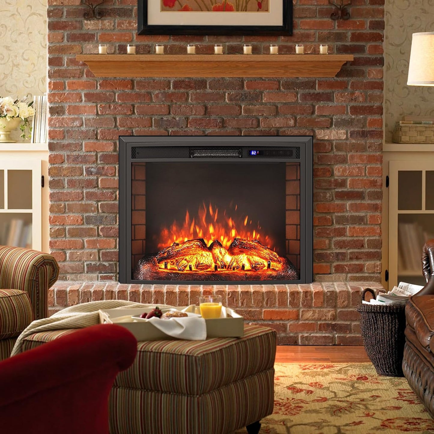 COSTWAY Electric Fireplace with Heating 1500 W, Electric Wall Fireplace with Remote Control, Overheating Protection, 5H Timer, Adjustable 3D Flame Effect and Brightness, 5000BTU Built-in Fireplace