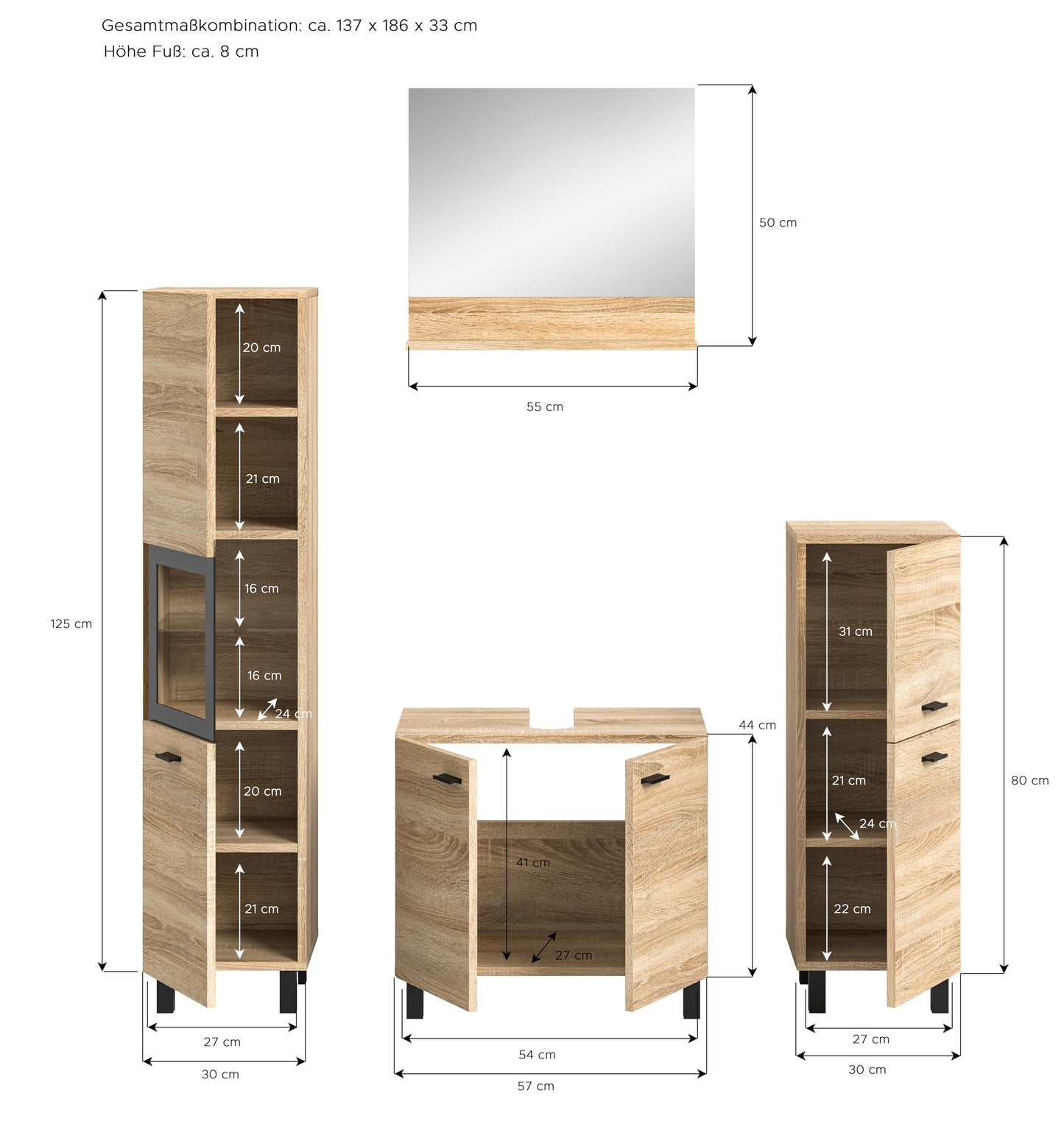 Boston Bathroom Cabinet, Standing Wall Cabinet, Hanging Cabinet, Wall Cabinet, Sonoma Oak Wood, Approx. 30 x 80 x 29 cm, Floor Standing/Hanging Mountable