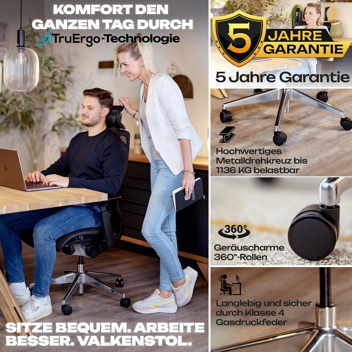 M2 Ergonomic Office Chair, Test Winner with Adjustable Armrest without Headrest for Maximum Freedom of Movement, Back-Friendly, Comfortable Desk Chair for Office and Home Office Chair