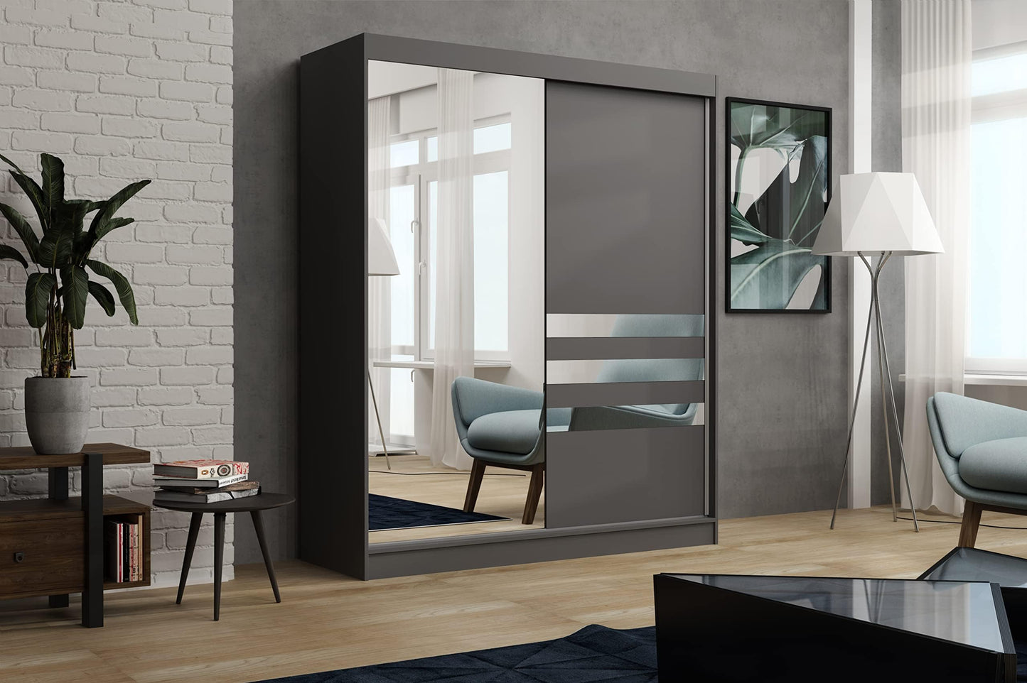 Brent - Kleiderschrank mit Spiegel Henry, 250cm Breit, Schlafzimmerschrank mit 1 Kleiderstange und Einlegeböden für Kleidung, Kleiderschrank Grau