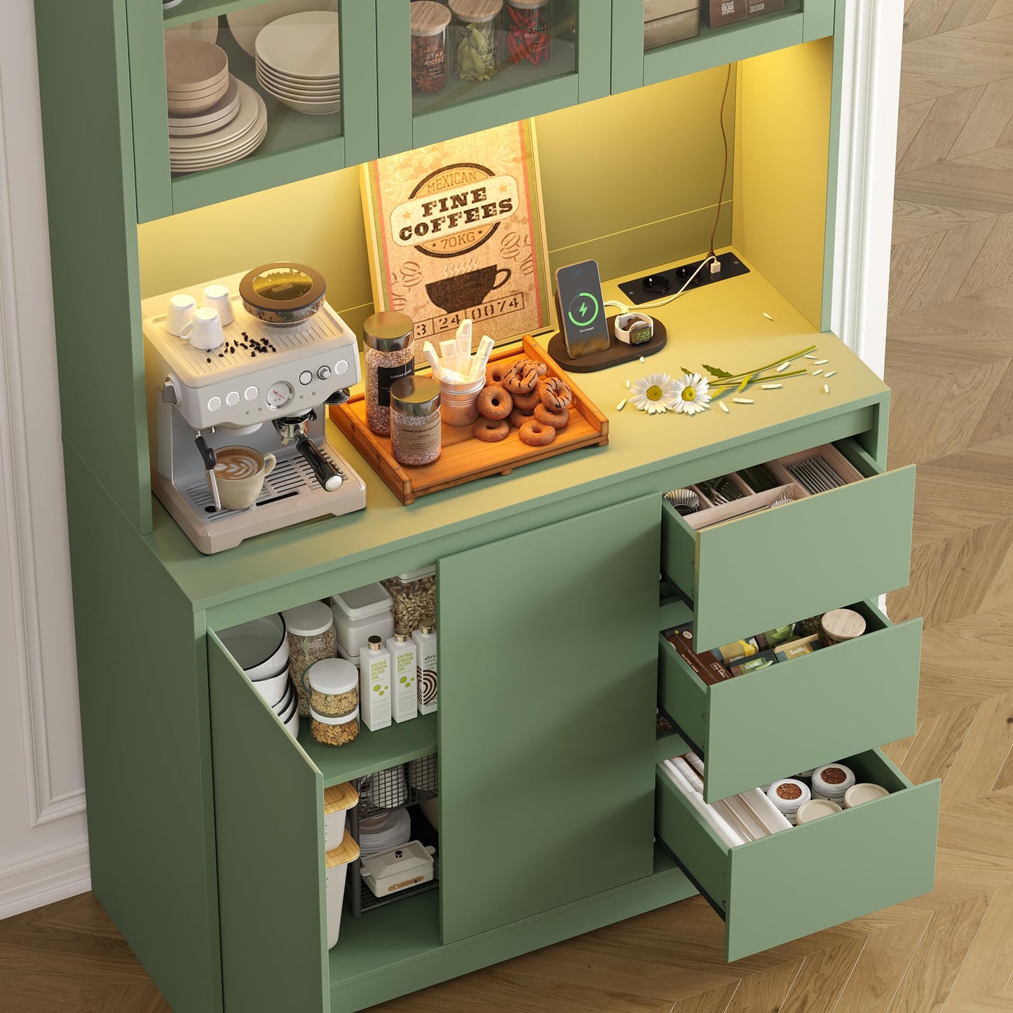 FirFurd Kitchen Cabinet Buffet Cabinet with LED Sideboard for Kitchen with Power Strip Kitchen Cabinet with Worktop and 3 Drawers Kitchen Buffet with Adjustable Shelf 180 x 100 x 38.5 cm (Black)