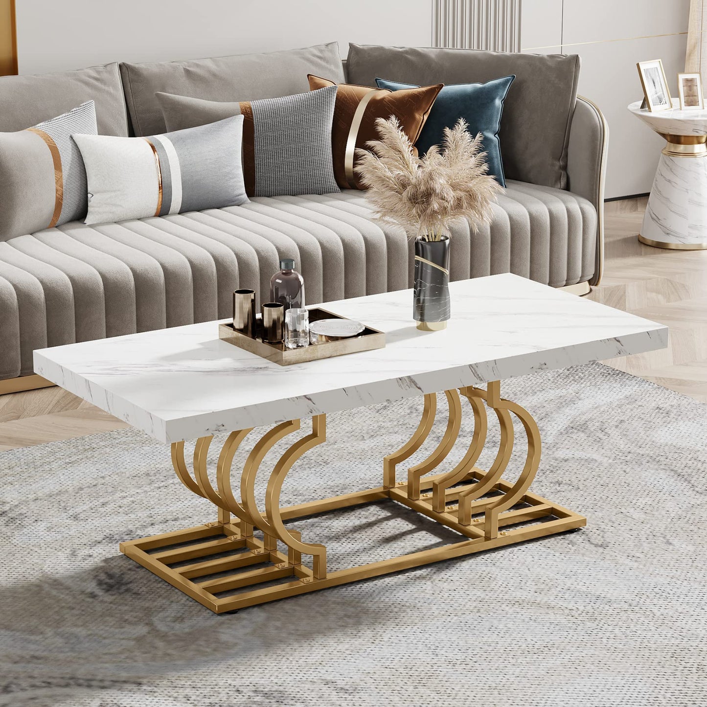 Tribesigns Modern Coffee Table, Living Room Table, Faux Marble Cocktail Table with Geometric Frame, Rectangular Middle Table, Tea Table, Accent Furniture, Table, Sofa, Side Table for Home Office,