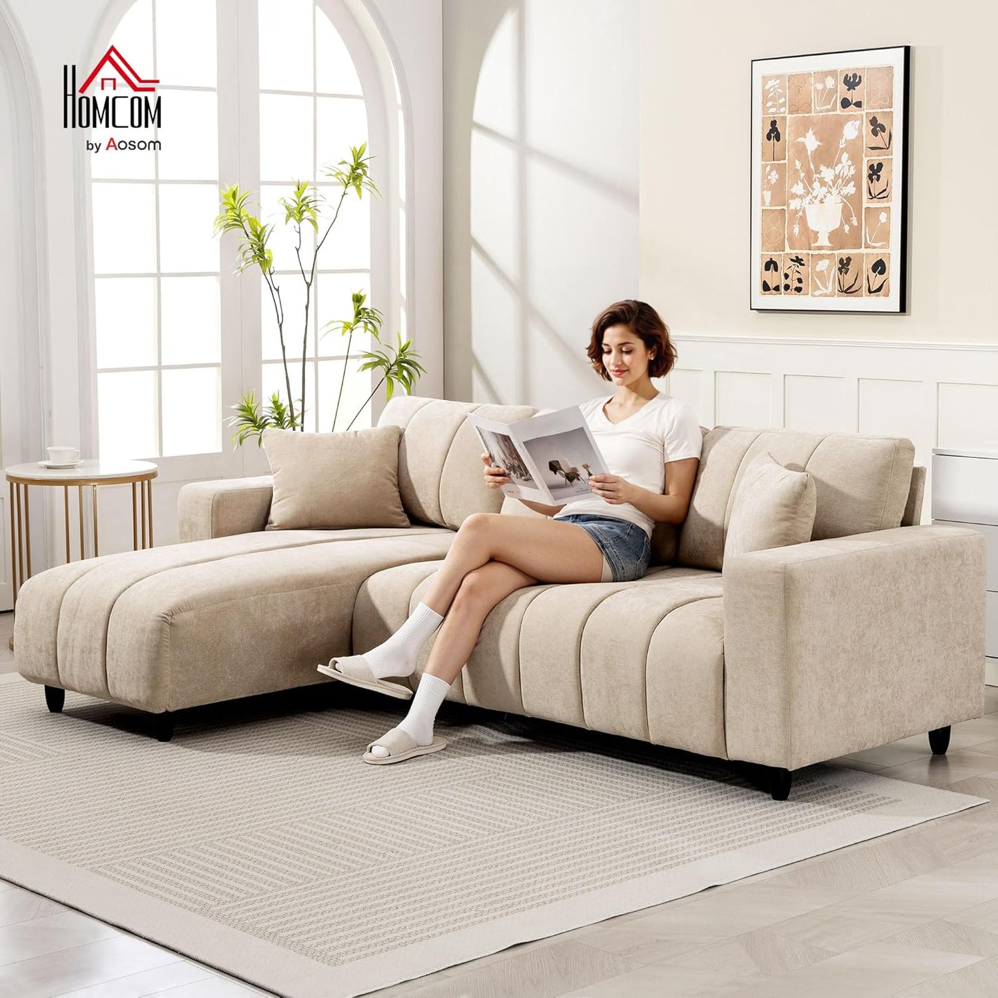 HOMCOM Corner Sofa, 3 Seater Couch with Reversible Chaise Longue, Cushion, L Shape Sofa, Padded Corner Couch with Linen Look for Living Room, Bedroom, 242 x 156 x 87 cm, Beige