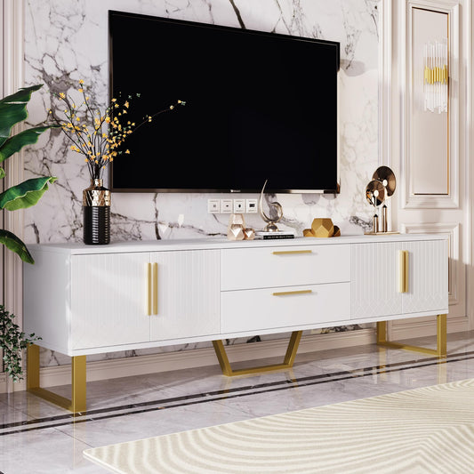 TV Cabinet Length 170 cm for TVs up to 75 Inches, Lowboard with Golden Handles and Feet, TV Cabinet with 4 Doors and 2 Drawers, Living Room Furniture TV Board, White