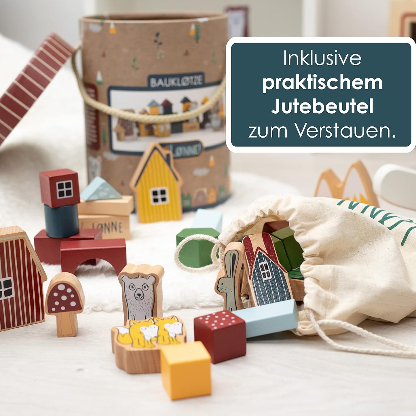 HEJ LØNNE Children's 56-Piece Wooden Building Blocks Set in Box, Motor Skills Toys, Wooden Toys for Children from 1 Year