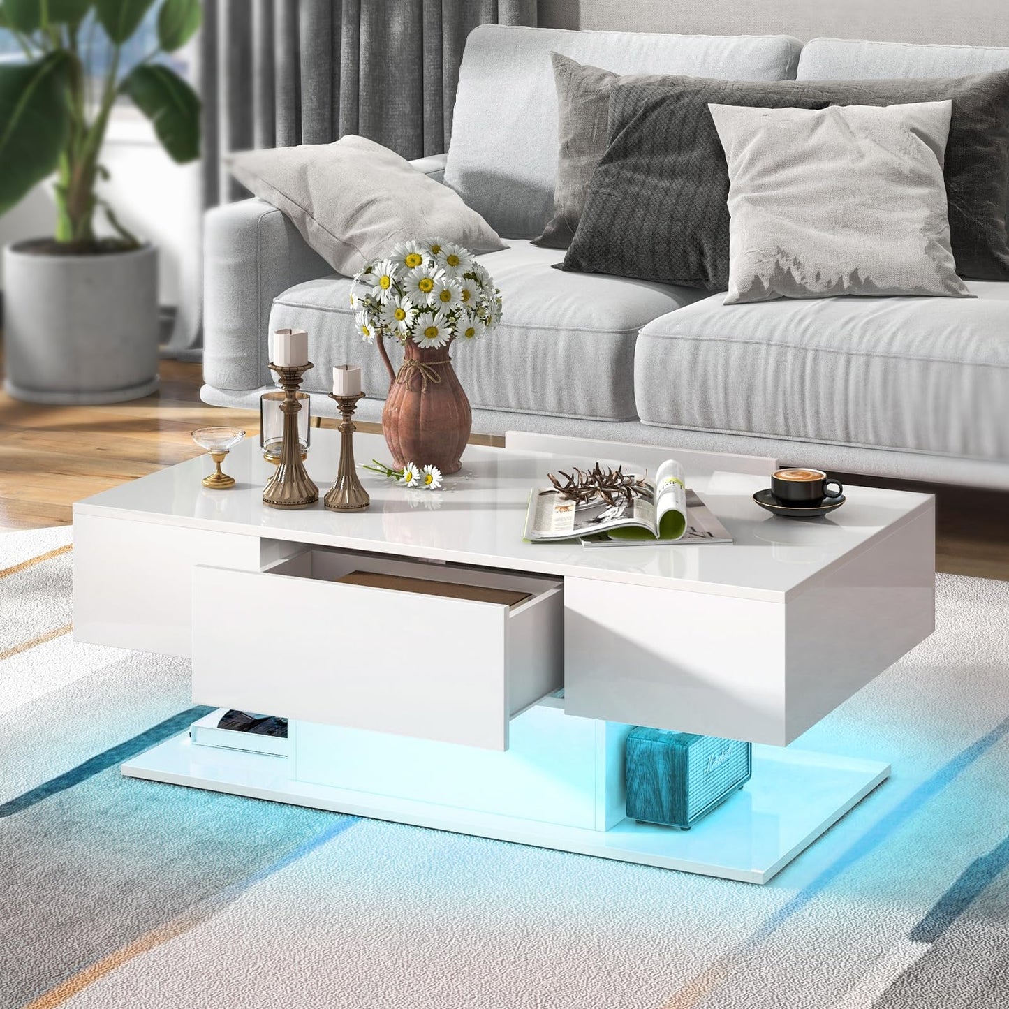 LIFEZEAL Coffee Table LED Lighting, Living Room Table High Gloss with Light Bar and Remote Control, Modern Sofa Table with 2 Drawers, Coffee Table for Living Room, Office (White)