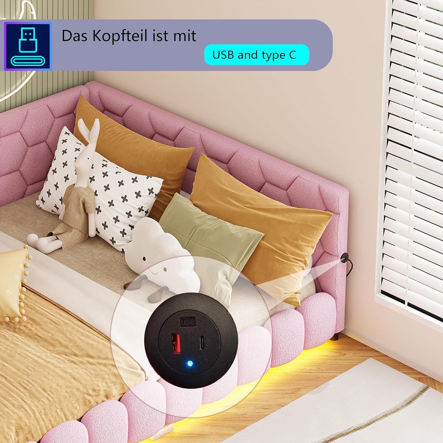 Upholstered Sofa Bed 140 x 200 cm, with Ambient Light and USB Connection, Children's Bed with Slatted Frame, Functional Bed, Teenager's Bed, Lambswool Material, Pink