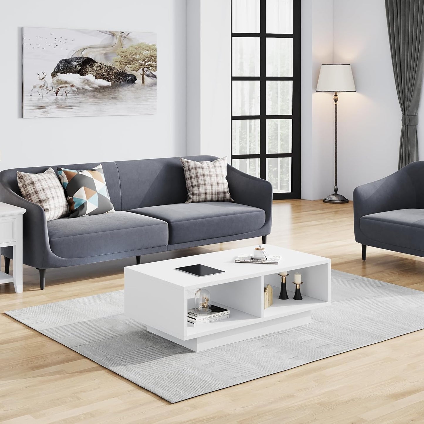Coffee Table, White, Middle Table, Tea Table for Living Room, Modern and Stylish Rectangular Coffee Table with 2 Open Compartments, Rectangular Side Table, Sofa Table, for Bedroom, Office, 90 x 48 x 31 cm