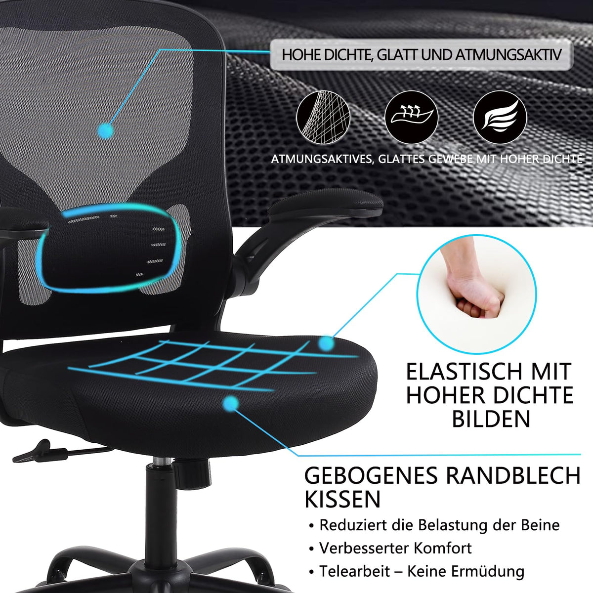 Youhauchair Office Chair, Ergonomic Office Chair with Fold-Up Armrests, Desk Chair with Lumbar Support, Breathable Office Chair, Black