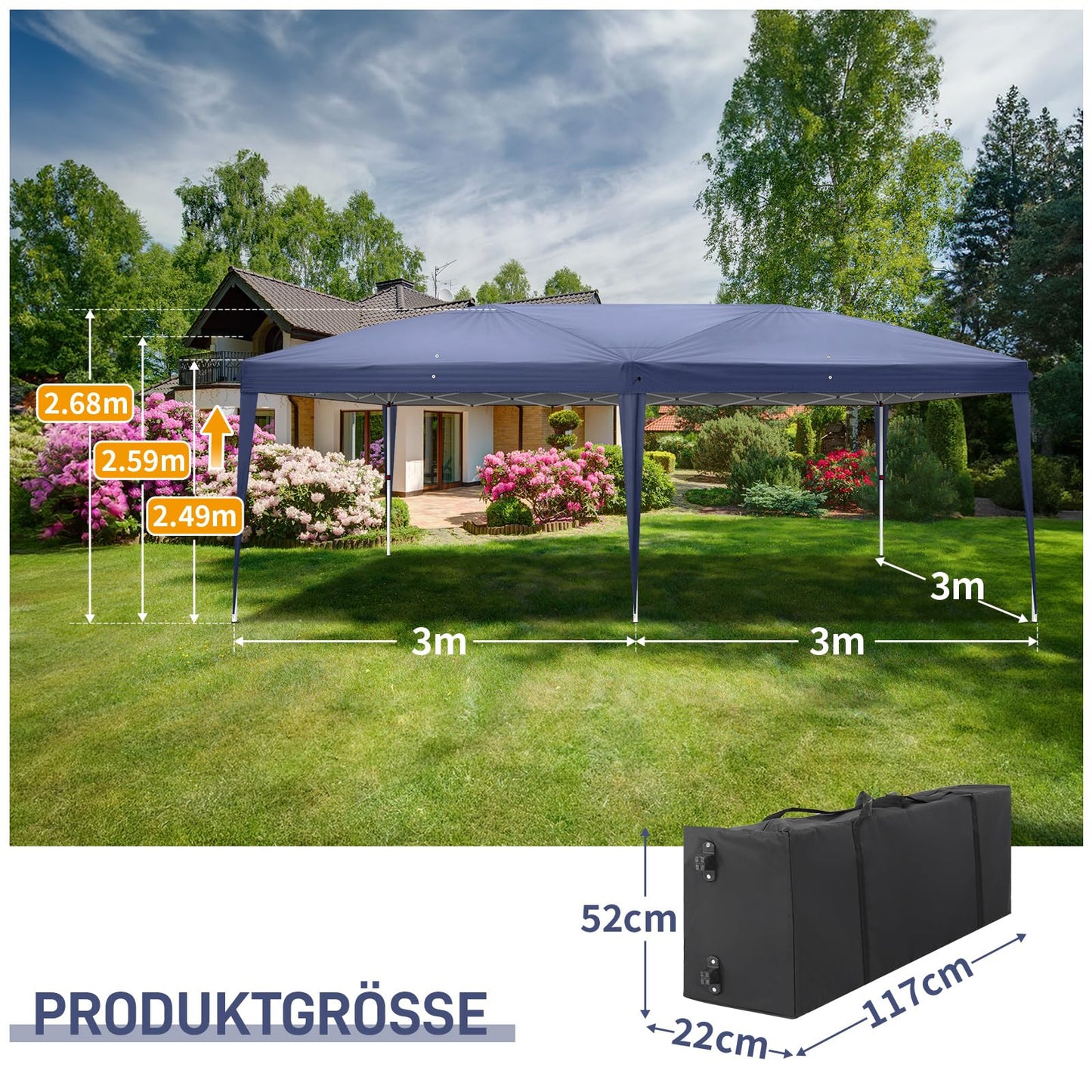 LEADZM Gazebo, Folding Gazebo, 3 x 6 m, Pop-Up, Waterproof, Winterproof, Height Adjustable, UV Protection 50+, Garden Tent, Party Tent, Steel Frame, with 6 Side Panels, for Garden, Party, Camping,