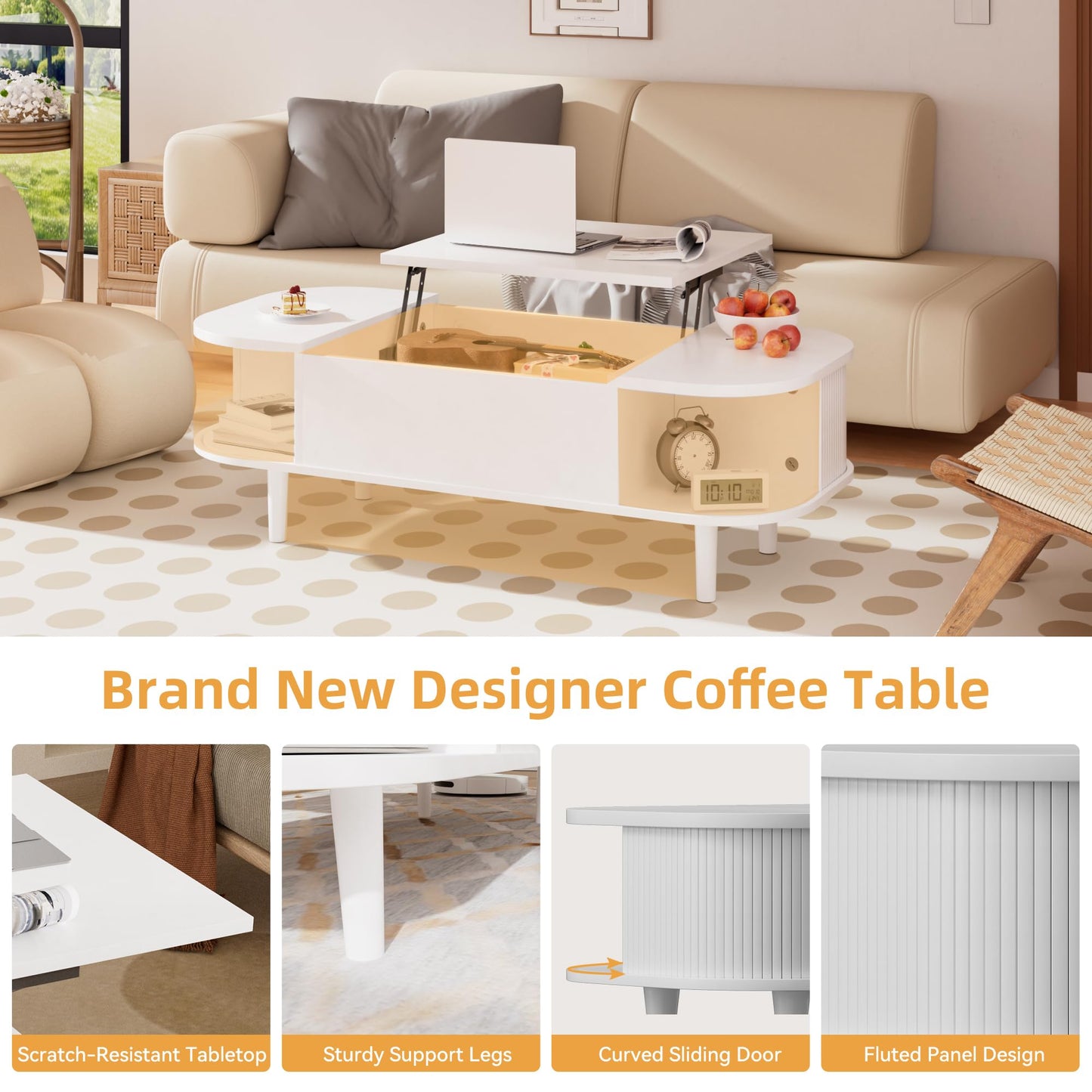 Coffee Table with Lifting Top - Modern Wooden Table with Unique Texture & Hidden Storage Space, Coffee Table for Living Room, Bedroom, Small Spaces, Home Office