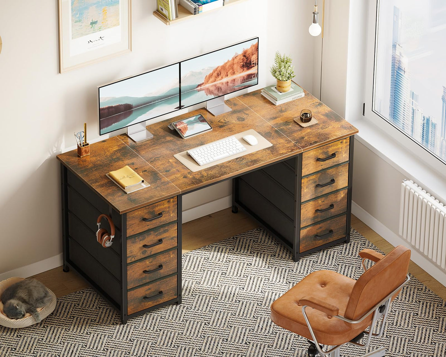 Coleshome Desk with 8 Fabric Drawers, 120 x 48 cm, Desk with Storage Space, Computer Desk with Headphones, Office Table, PC Table, Office Table for Office, Living Room, Home Office, Brown