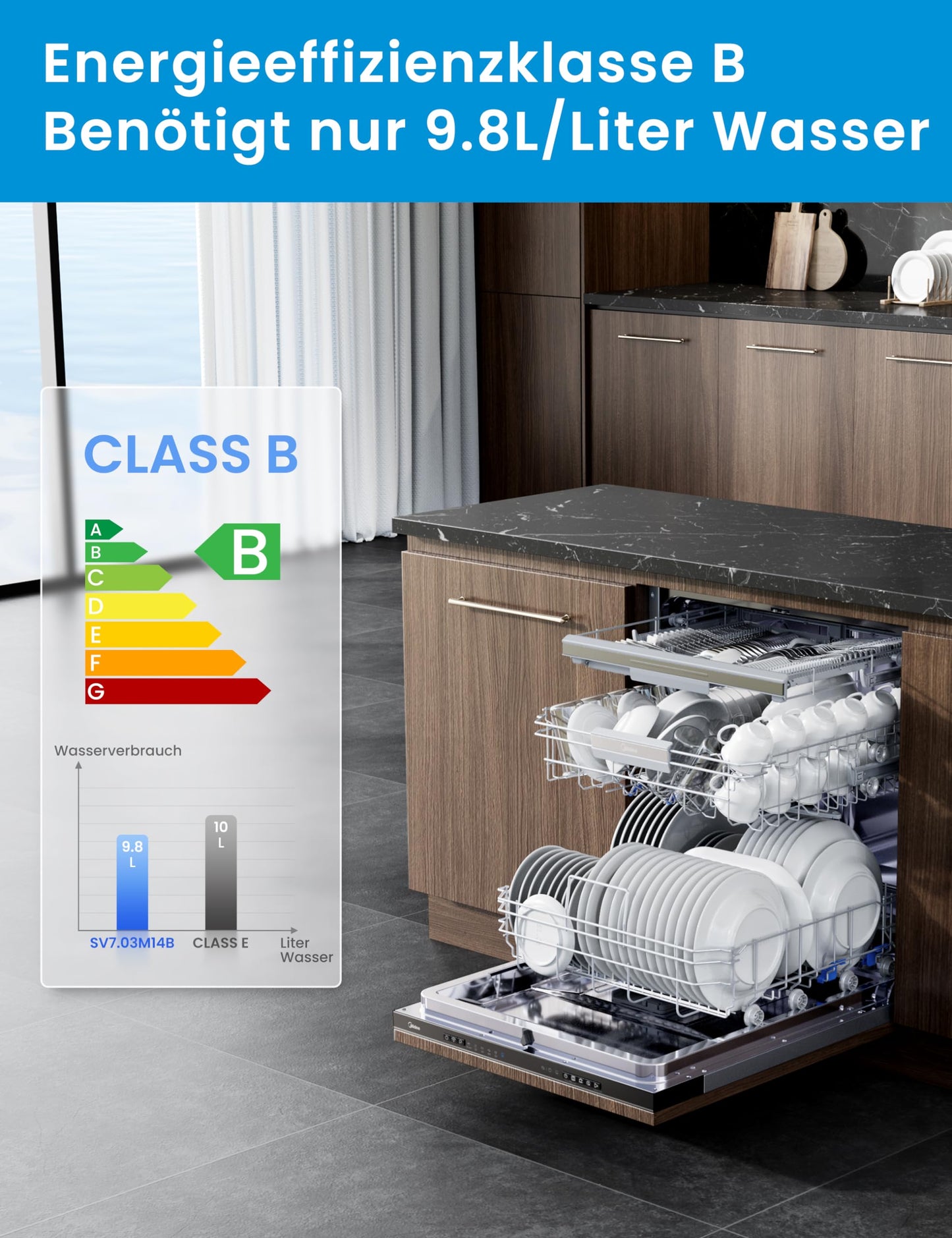 Midea SU 5.35X14CS Dishwasher Base, 14 MGD, Dishwasher 60 cm, Home Connect, Hygiene Care+, Machine Care +, Extra Drying, Half Load, 44 db, Start Delay, Stainless Steel