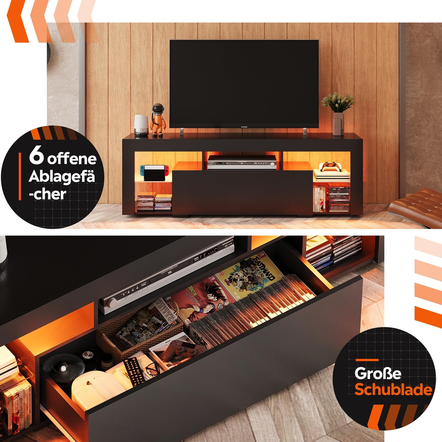 WLIVE TV Cabinet with LED, Lowboard Black for TVs up to 60 Inches, TV Stand for Living Room, 20 Colours LED Lighting, TV Cabinet with Open Storage Space and Drawers, Black