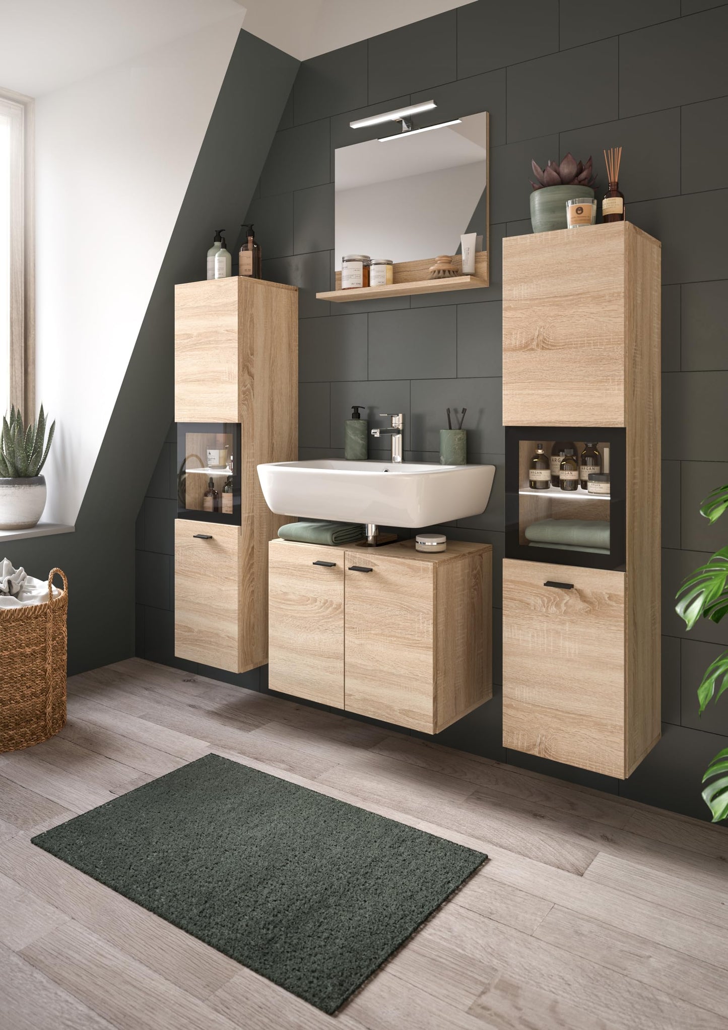 Boston Bathroom Cabinet, Standing Wall Cabinet, Hanging Cabinet, Wall Cabinet, Sonoma Oak Wood, Approx. 30 x 80 x 29 cm, Floor Standing/Hanging Mountable