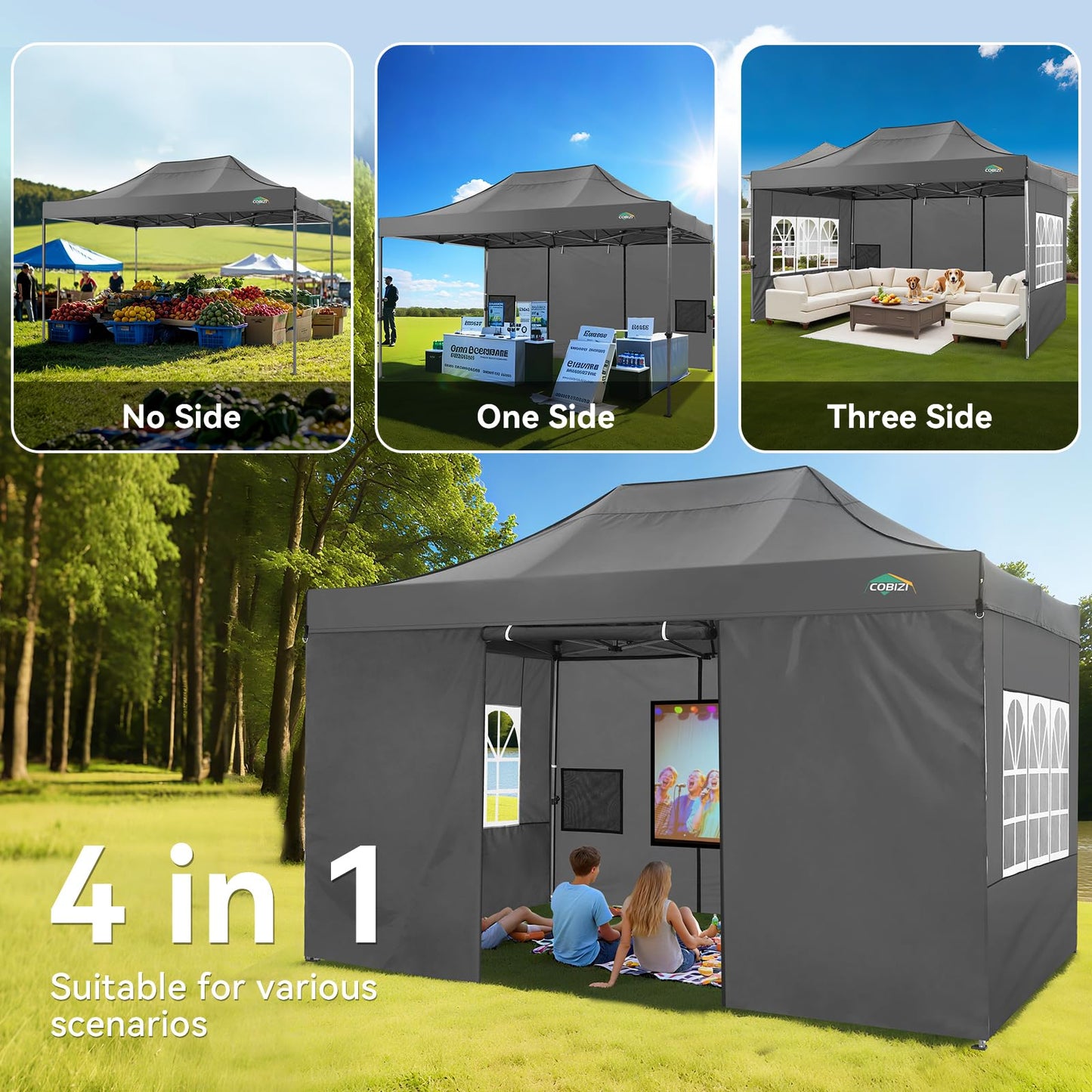 Tooluck Folding Gazebo, 3 x 4.5 m, Waterproof, Stable, Outdoor, Garden Party Tent, UV Protection 50+, with 4 Side Panels, Grey