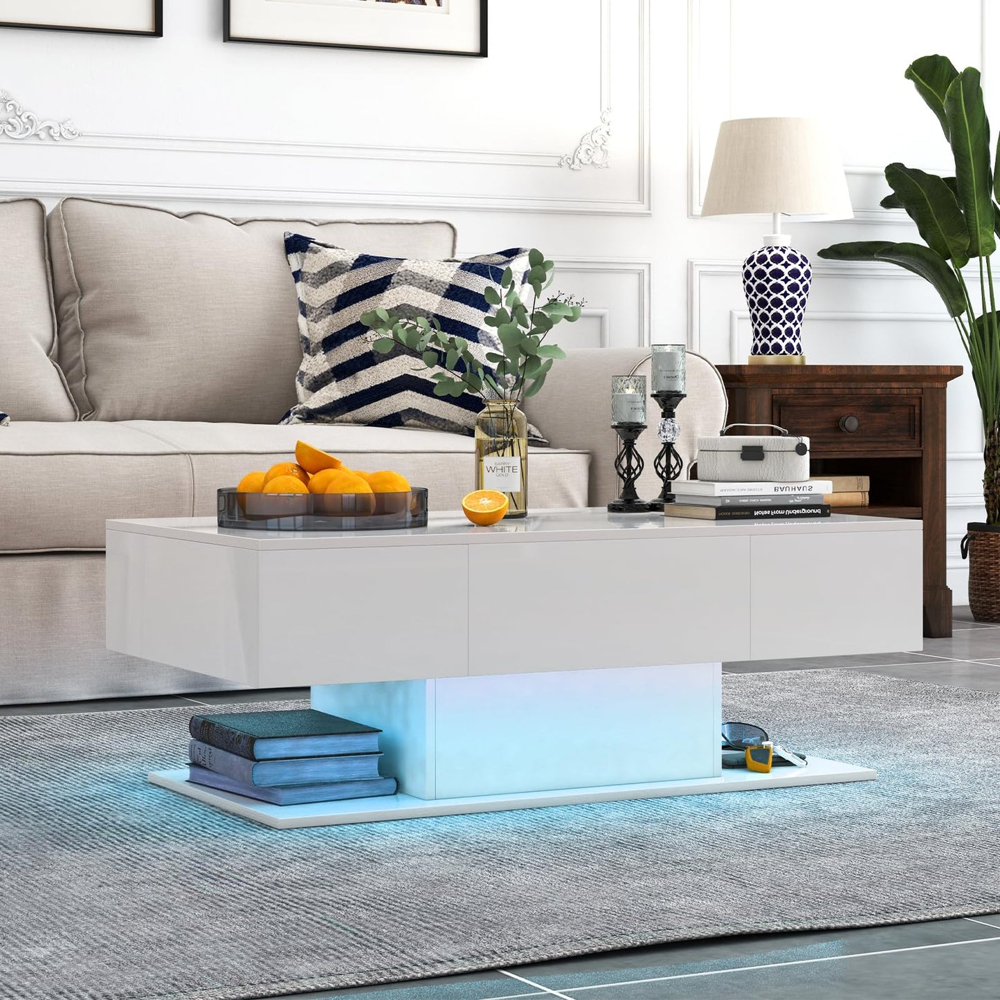 LIFEZEAL Coffee Table LED Lighting, Living Room Table High Gloss with Light Bar and Remote Control, Modern Sofa Table with 2 Drawers, Coffee Table for Living Room, Office (White)