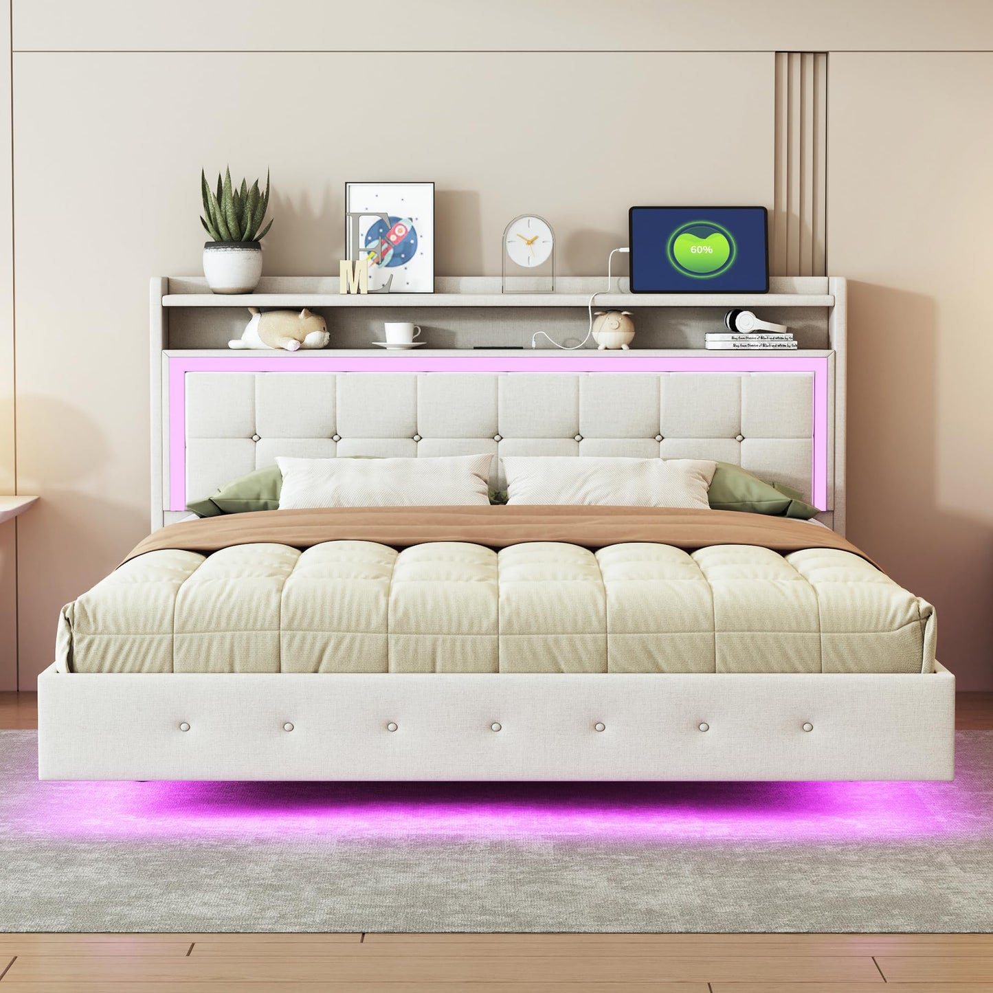 Polsterbett Doppelbett 140x200 cm mit LED-Beleuchtung und USB-Ladeanschluss, Bett mit Stauraumkopfteil, Stauraumbett mit Metallrahmen und Lattenrost aus Holz, Leinen, Beige, Ohne Matratze