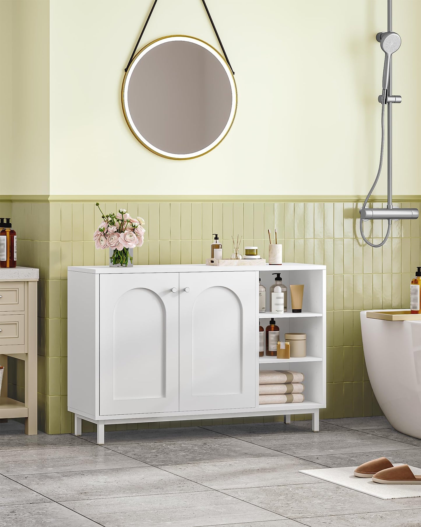 Hzuaneri SC10203G Bathroom Cabinet, Kitchen Cabinet with 2 Doors, Side Cabinet, Sideboard with Open Compartment, Chest of Drawers, Adjustable Shelf, Bathroom, 35 x 100 x 75 cm, White Gold