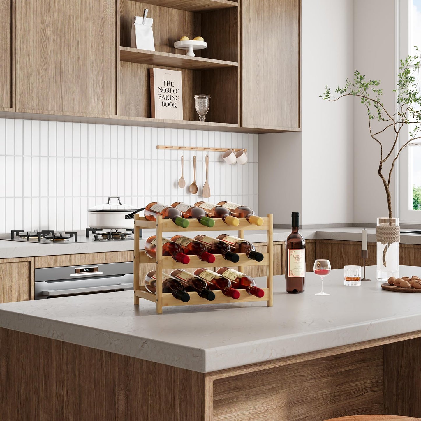 Dripex Wooden Wine Rack Bottle Rack, Small Wine Bottle Rack, Wine Bottle Holder 12 Bottles, Slim Wine Stand Standing, Drinks Rack Bottles for Cellar Kitchen, 3 Levels