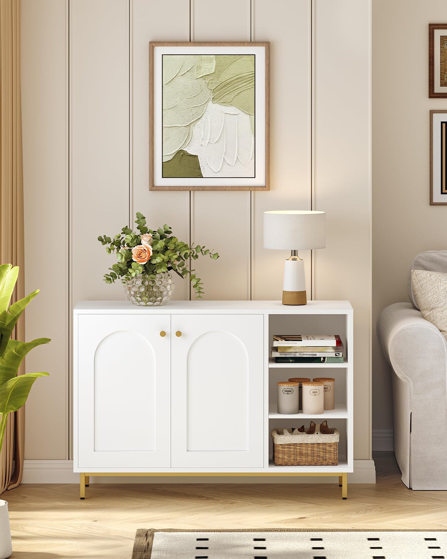 Hzuaneri SC10203G Bathroom Cabinet, Kitchen Cabinet with 2 Doors, Side Cabinet, Sideboard with Open Compartment, Chest of Drawers, Adjustable Shelf, Bathroom, 35 x 100 x 75 cm, White Gold