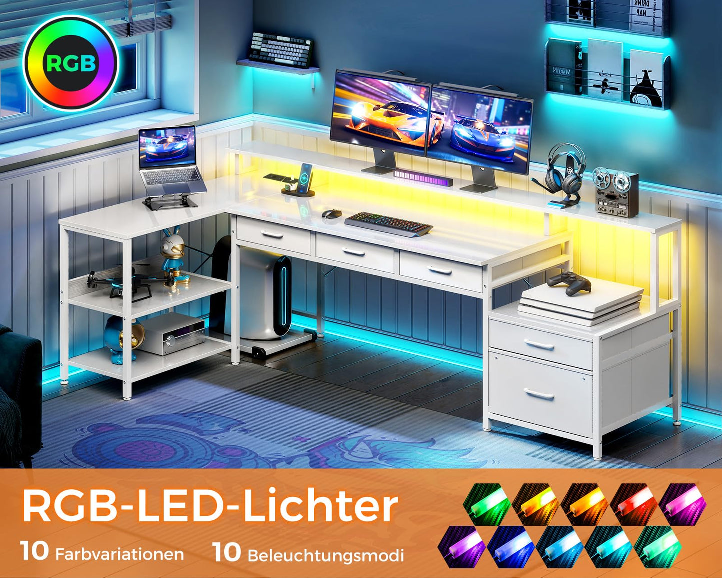 Coleshome L Shape Desk with Drawers, 195 x 100 cm Gaming Table with Socket, LED & Monitor Stand, Reversible Corner Desk with Storage Space, Computer Desk with Shelf for Office, Black