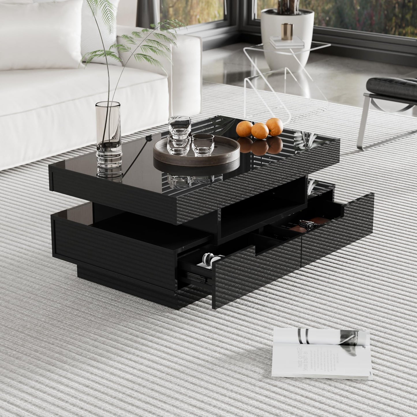 Merax Living Room Table, LED Coffee Table with Storage Space, High Gloss Coffee Table Living Room with Four Drawers, Modern Coffee Table, 80 x 50 x 36 cm, Black