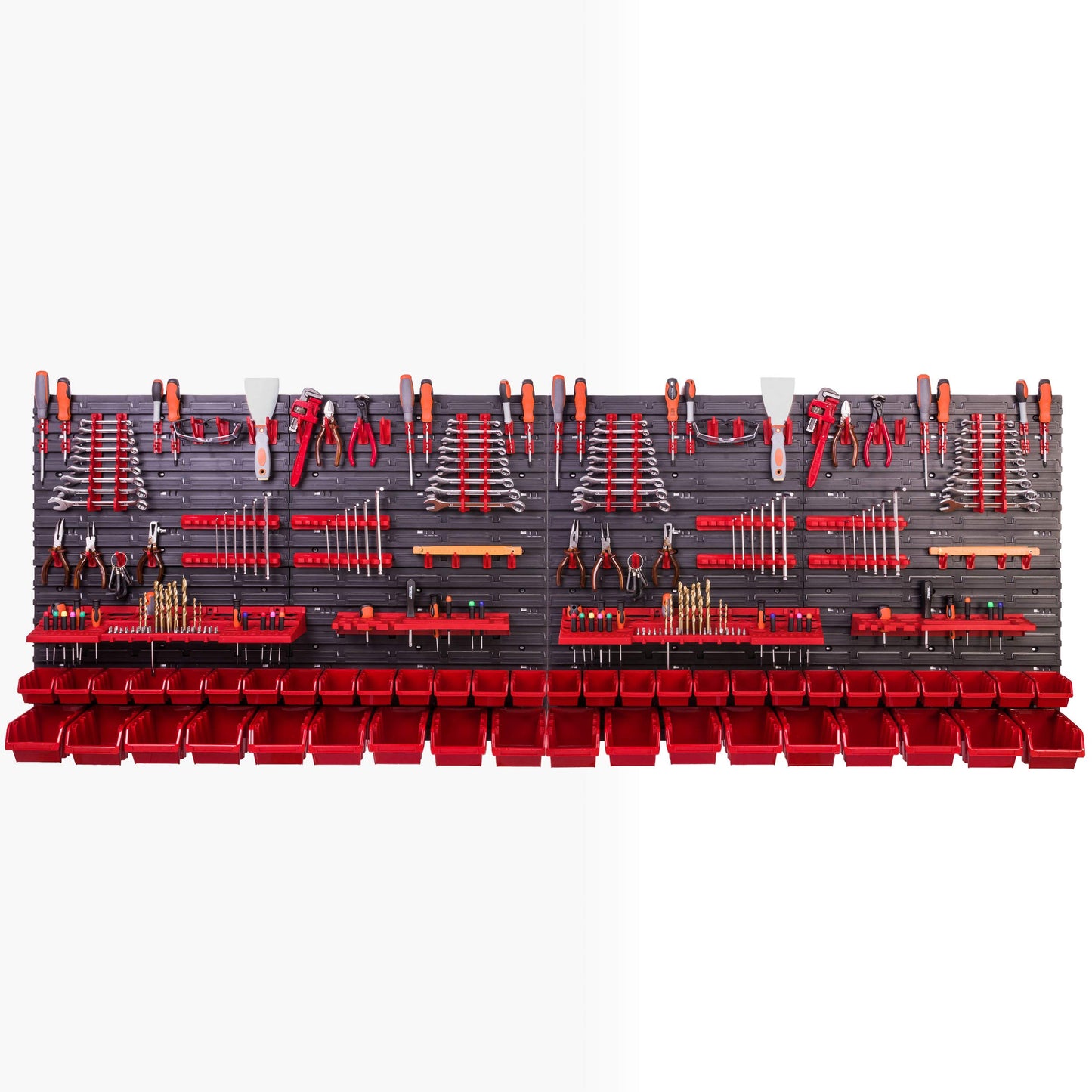 Storage System Wall Shelf 230 x 78 cm, Tool Holders, 46 Pieces Stacking Boxes, Storage Shelves, Storage Boxes, Extra-Strong Wall Shelves, Expandable Workshop Shelving, Workshop Shelves
