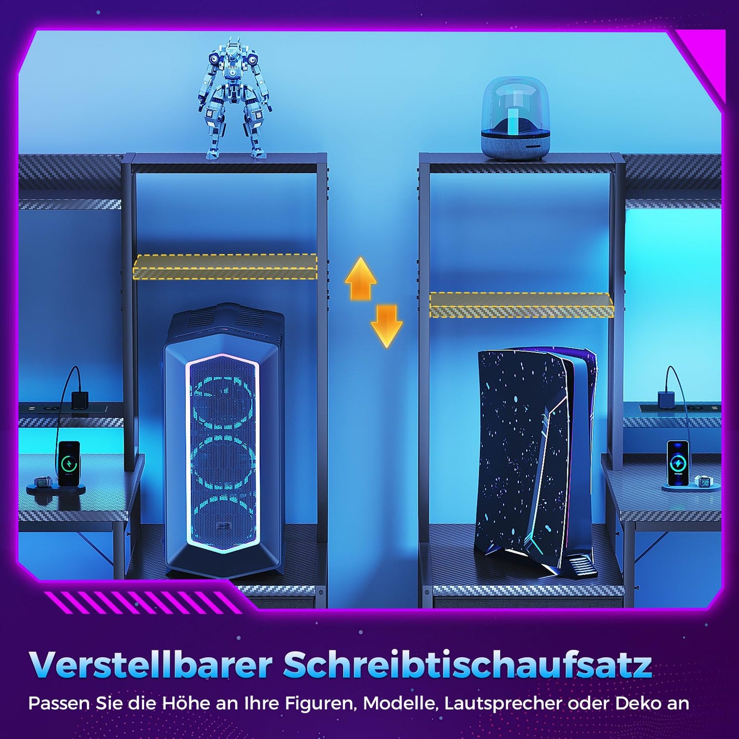 Coleshome Gaming Table with Shelf and Drawers, 137 x 48 cm Gaming Desk with LED Lighting and Socket, Computer Desk with Shelves and Monitor Stand, Carbon Fibre Black