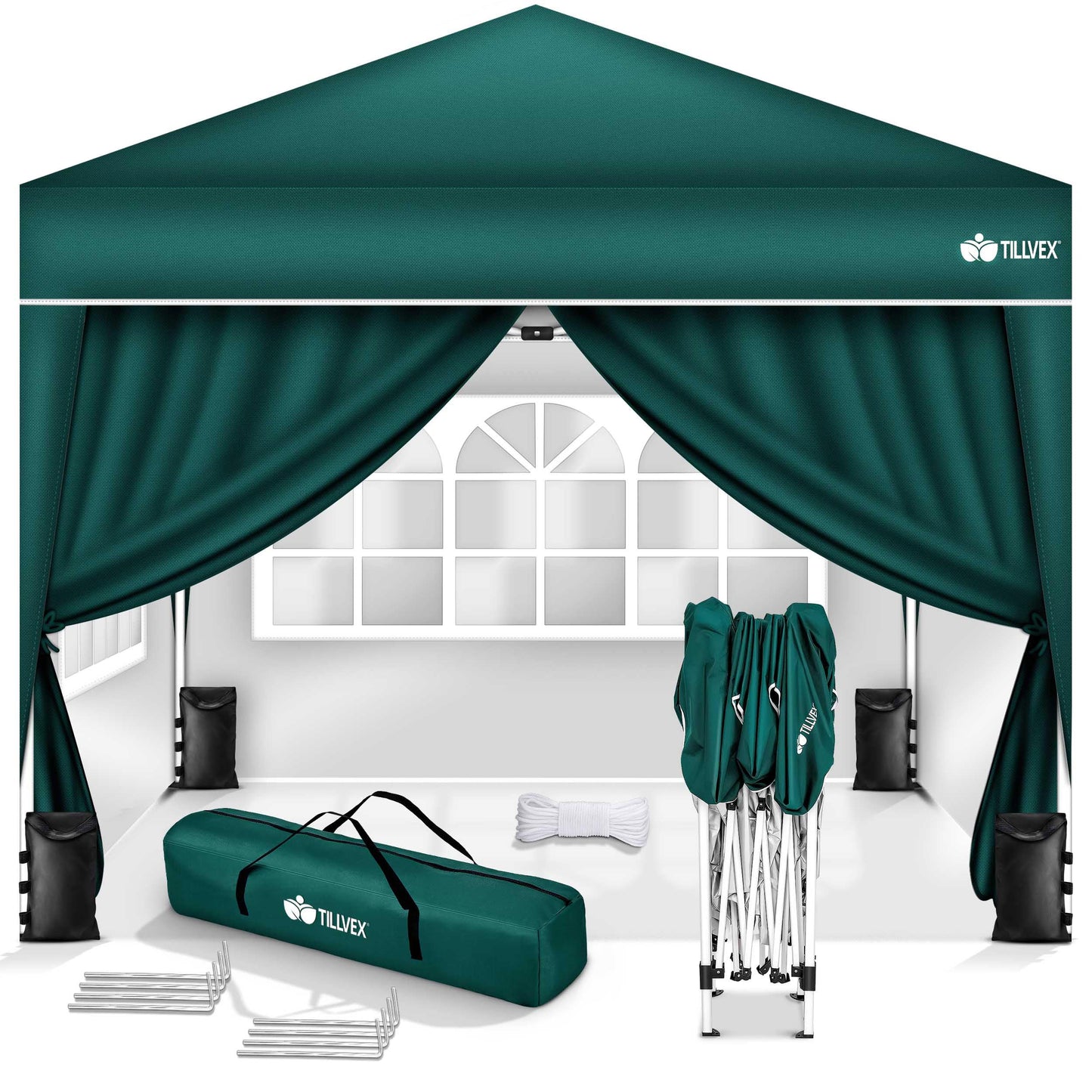 tillvex Gazebo 3 x 3 m Waterproof with 4 Side Panels + Set of 4 Sandbags Pop-Up Folding Gazebo Stable & Height Adjustable Garden Tent UV Protection 50+ Party Tent with Bag for Garden, Grey