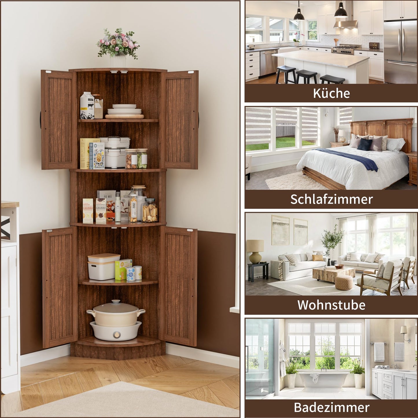 Tall Kitchen Cabinet, Corner Cabinet, Bathroom Cabinet, Narrow Corner Shelf with 4 Doors and 5 Shelves, 165 cm Wooden Storage Cabinet, Tall Cabinet for Kitchen, Living Room, Dining Room