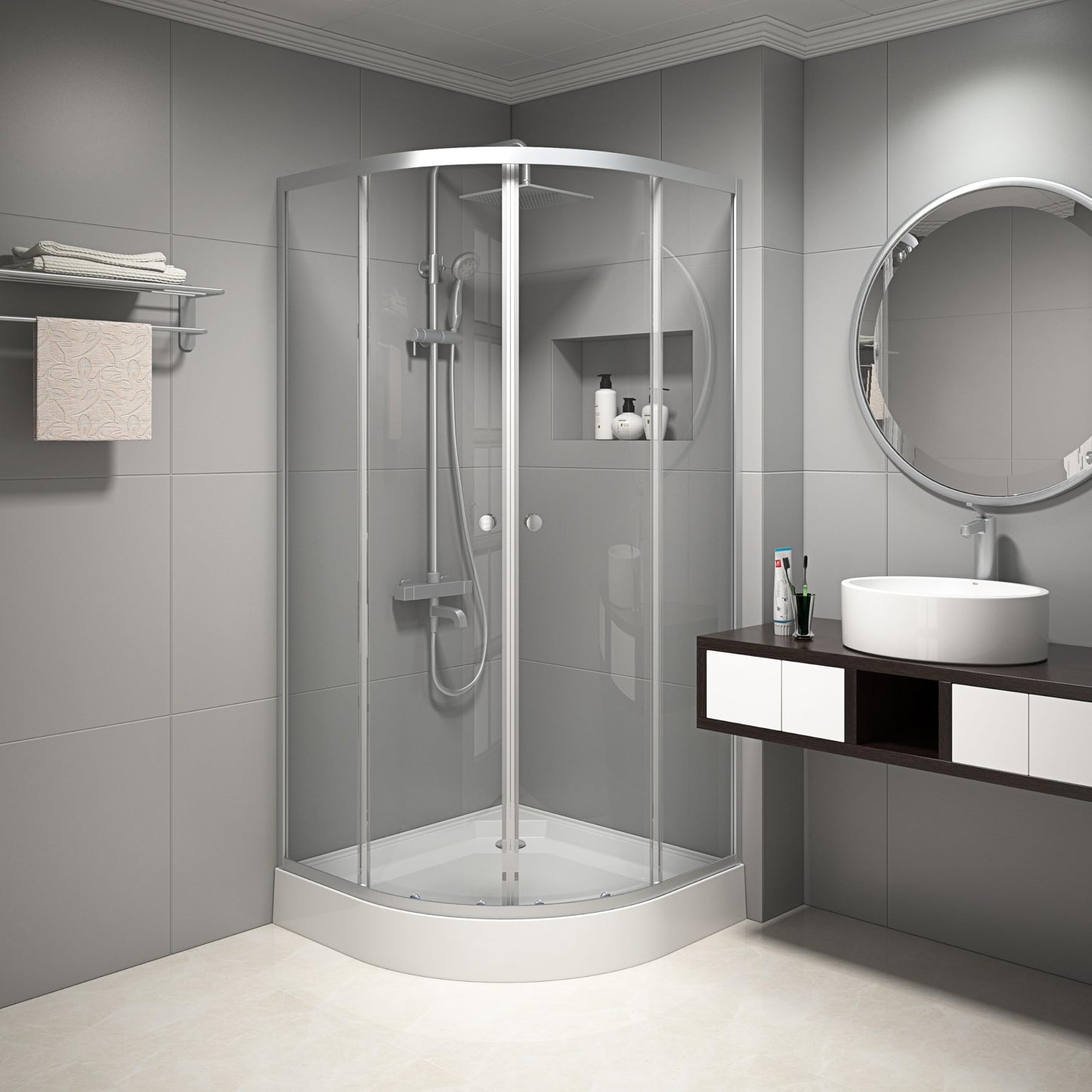 MARWELL Shower Cubicle Crystal Round Shower Complete Set Radius 55 cm and 4 mm Thick Tempered Safety Glass, Glass Shower with Aluminium Profiles in Silver Satin Matt