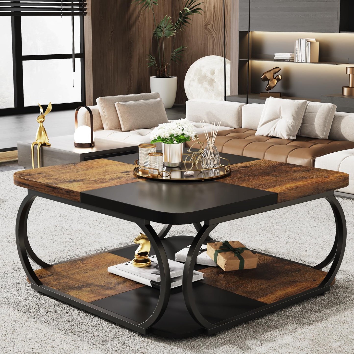 Tribesigns Square Coffee Table for Living Room, 100 x 100 x 50 cm, Wood Composite Coffee Table, Low Living Room Table for Modern Living Room, Rustic Brown, Black