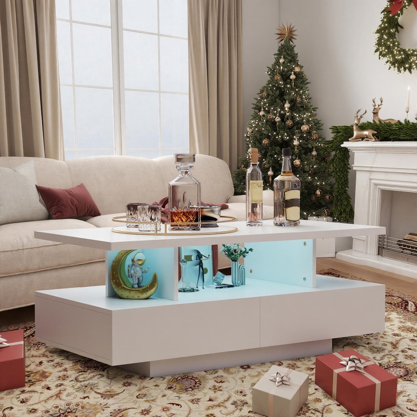 YU YUSING LED Coffee Table, Living Room Table, Coffee Table with 2 Drawers, 2 Shelves, 6000 Coloured LED Lighting, Remote Control, App Control, Side Table with Open, 105 x 50 x 39 cm, Modern White