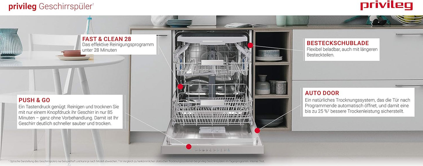Privileg RUO 3T133 A F X Undermount Dishwasher 60 cm / 14 Place Settings / Fast & Clean 28 Inch / Auto Door / Push & Go / Option Multizone / Delay Start / Full Water Protection [Energy Class D]