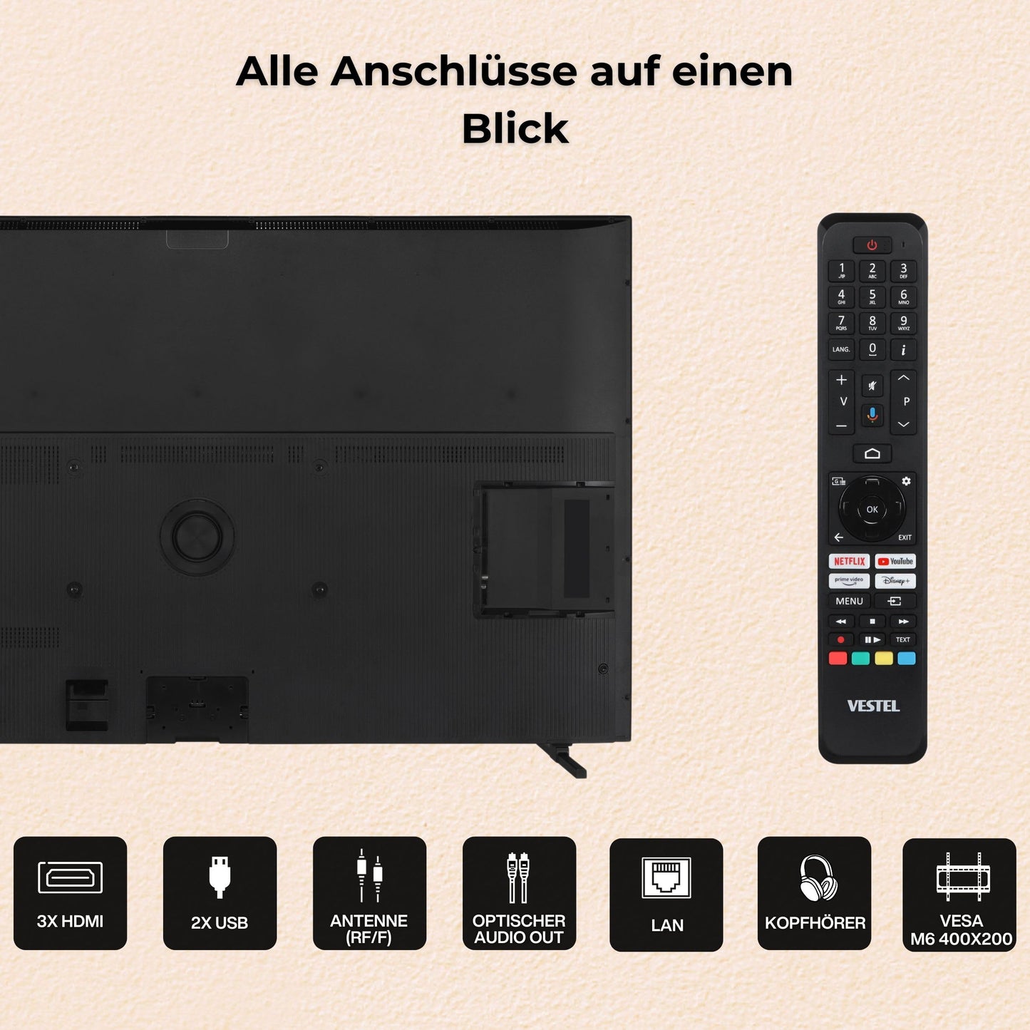 Vestel Fernseher 50 Zoll Smart TV Powered by TiVo, 4K UHD Fernseher mit Dolby Vision HDR, Dolby Atmos und integriertem Triple-Tuner, LED TV 50UT9740 schwarz