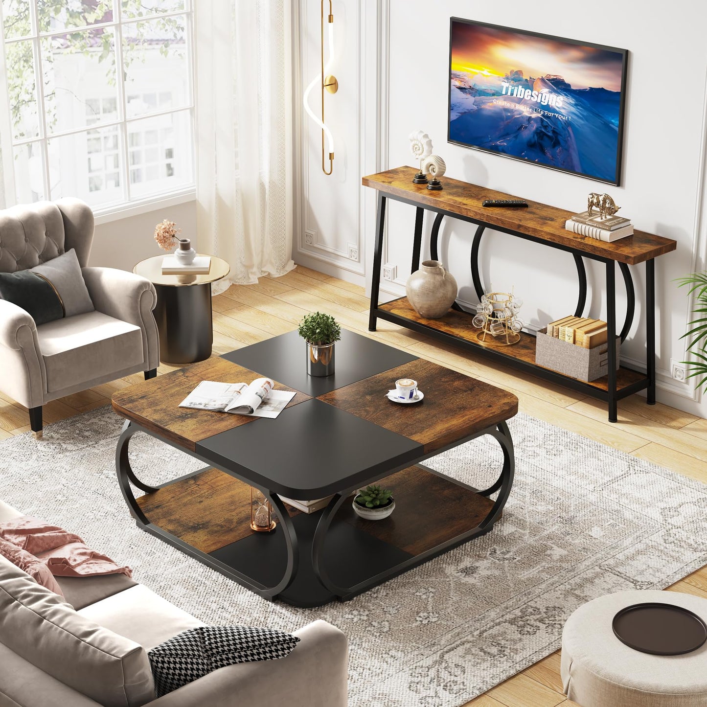 Tribesigns Square Coffee Table for Living Room, 100 x 100 x 50 cm, Wood Composite Coffee Table, Low Living Room Table for Modern Living Room, Rustic Brown, Black