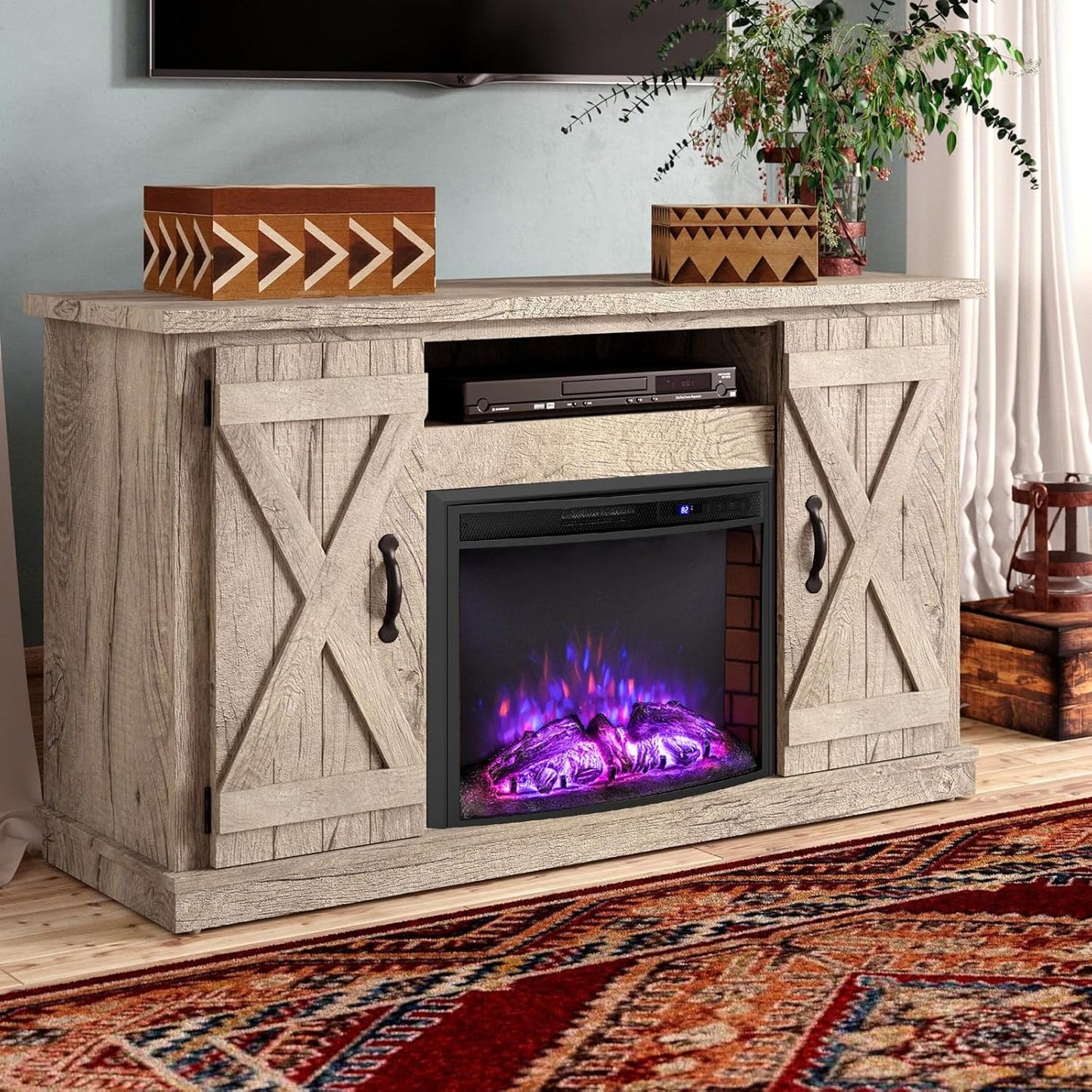 COSTWAY Electric Fireplace with Heating 1500 W, Electric Wall Fireplace with Remote Control, Overheating Protection, 5H Timer, Adjustable 3D Flame Effect and Brightness, 5000BTU Built-in Fireplace