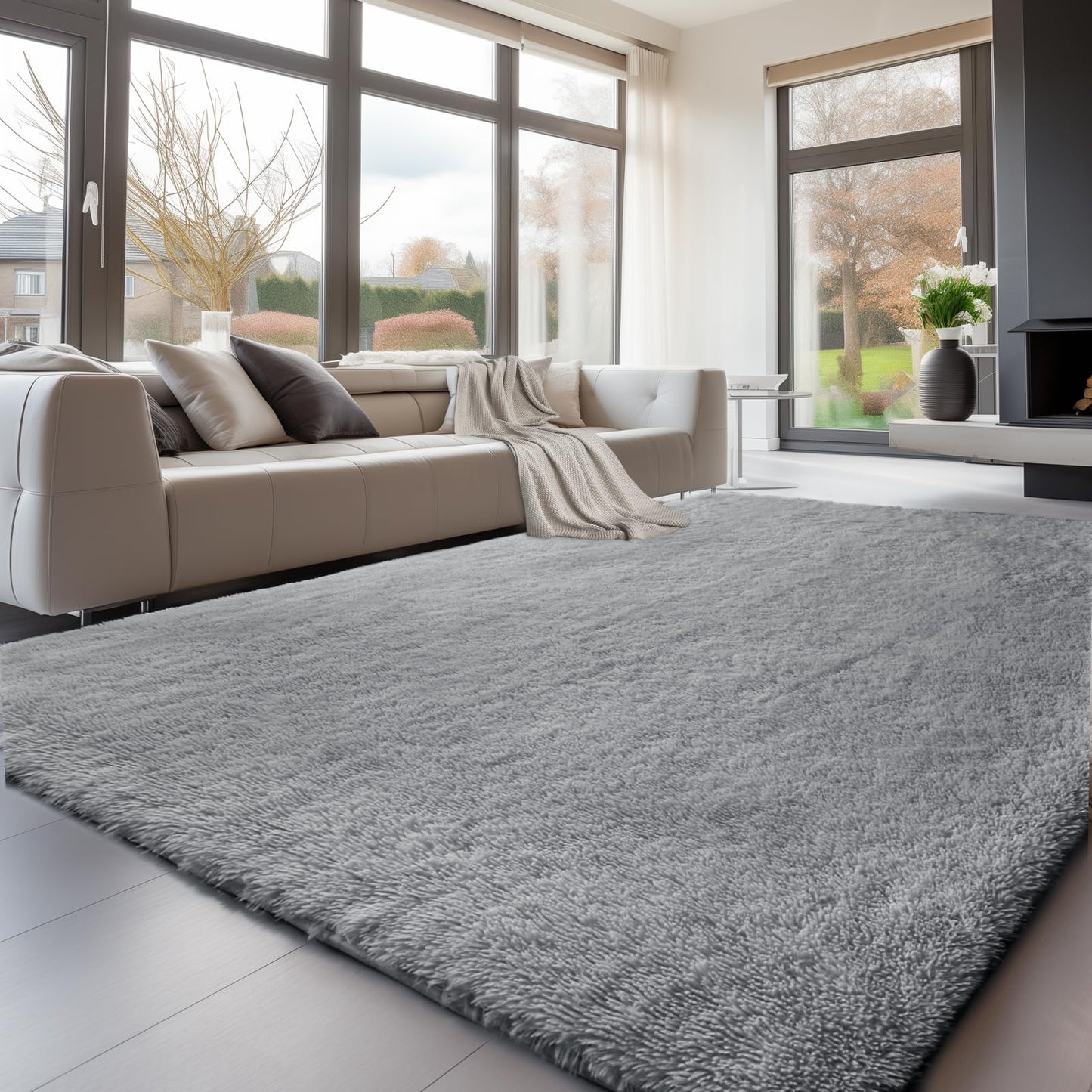 Sour Lemon Hochflor Teppich Grau Teppich Wohnzimmer 140x200 Waschbar Anti-Rutsch Extra Große Teppiche Schlafzimmer Flauschige Moderne Teppiche Matte Teppichen für Schlafzimmer Kinderzimmer