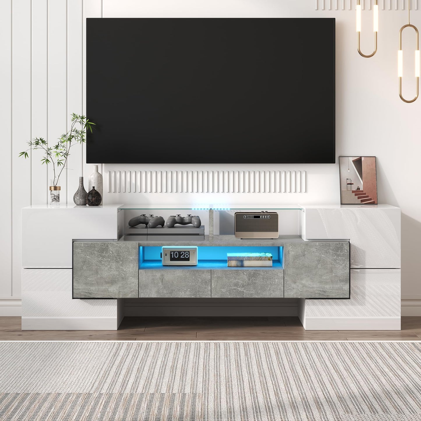 LANTRO JS TV Cabinet 200 cm Long with Elegant Glass Surface, TV Lowboard in Marble Look, TV Cabinet with LED Lighting, White and Black