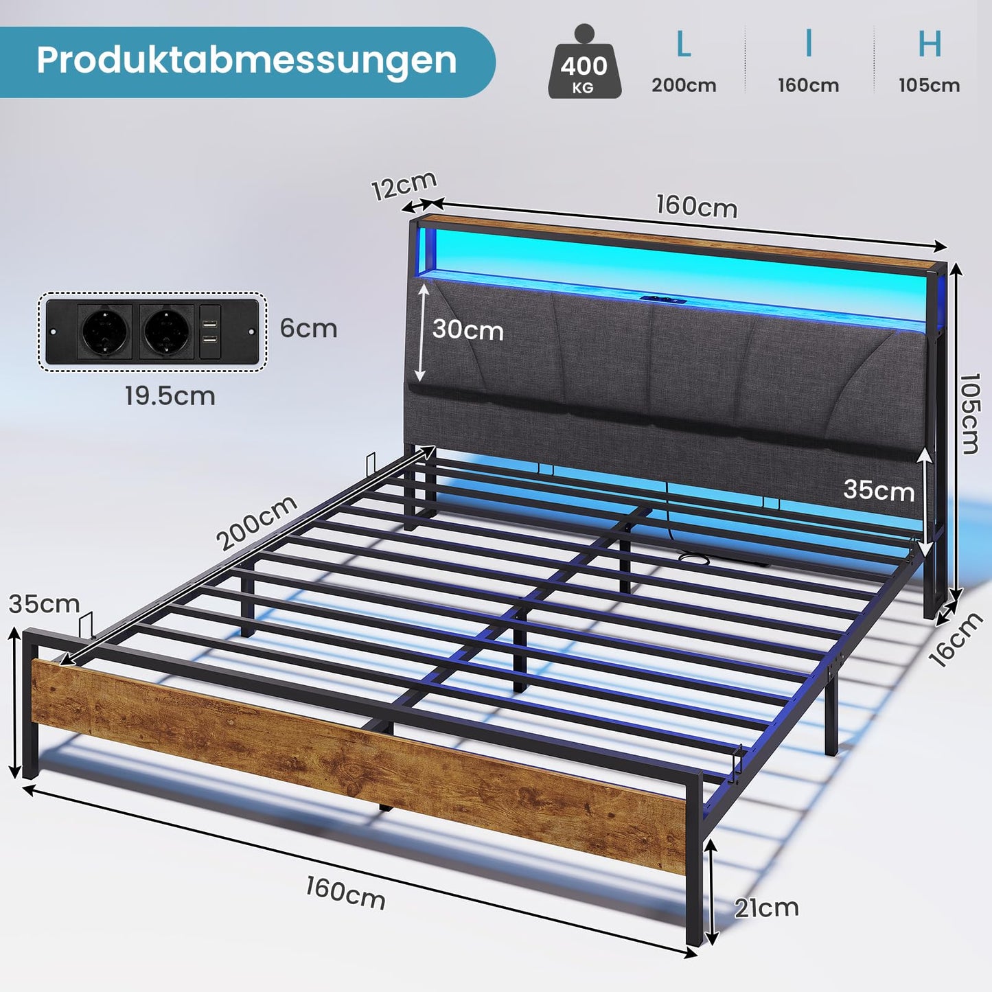 Brinlawb Bed 180 x 200 cm with Metal Slatted Frame, Double Bed 180 x 200 cm with LED Lighting, Bed Frame 180 x 200 cm Bed with Headboard and Charging Station (2 AC Sockets, 2 USB Ports), Modern, Grey