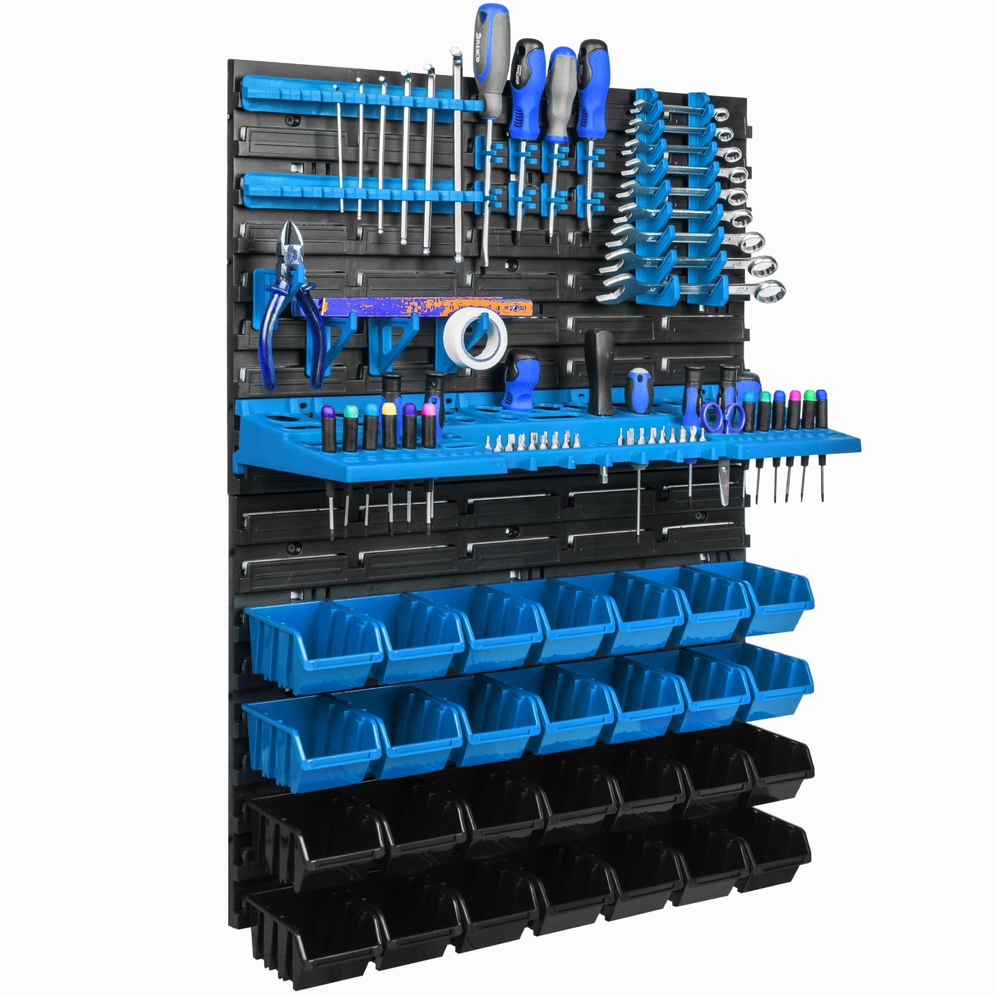 Storage System Wall Shelf 576 x 780 mm, Tool Holders, 28 pcs. Stacking Boxes Storage Boxes Extra Strong Wall Shelves Expandable Workshop Shelving Workshop Shelf