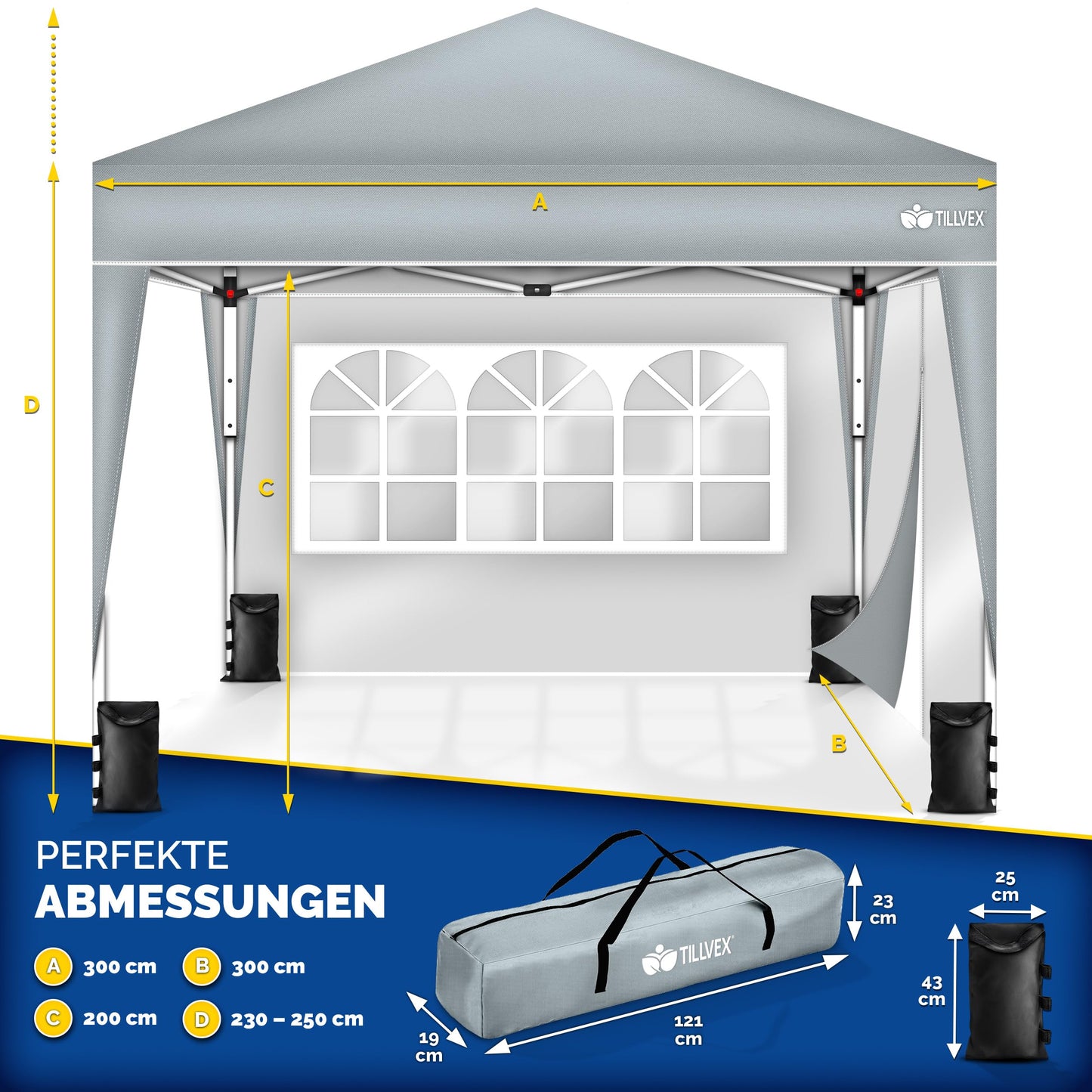 tillvex Gazebo 3 x 3 m Waterproof with 4 Side Panels + Set of 4 Sandbags Pop-Up Folding Gazebo Stable & Height Adjustable Garden Tent UV Protection 50+ Party Tent with Bag for Garden, Grey